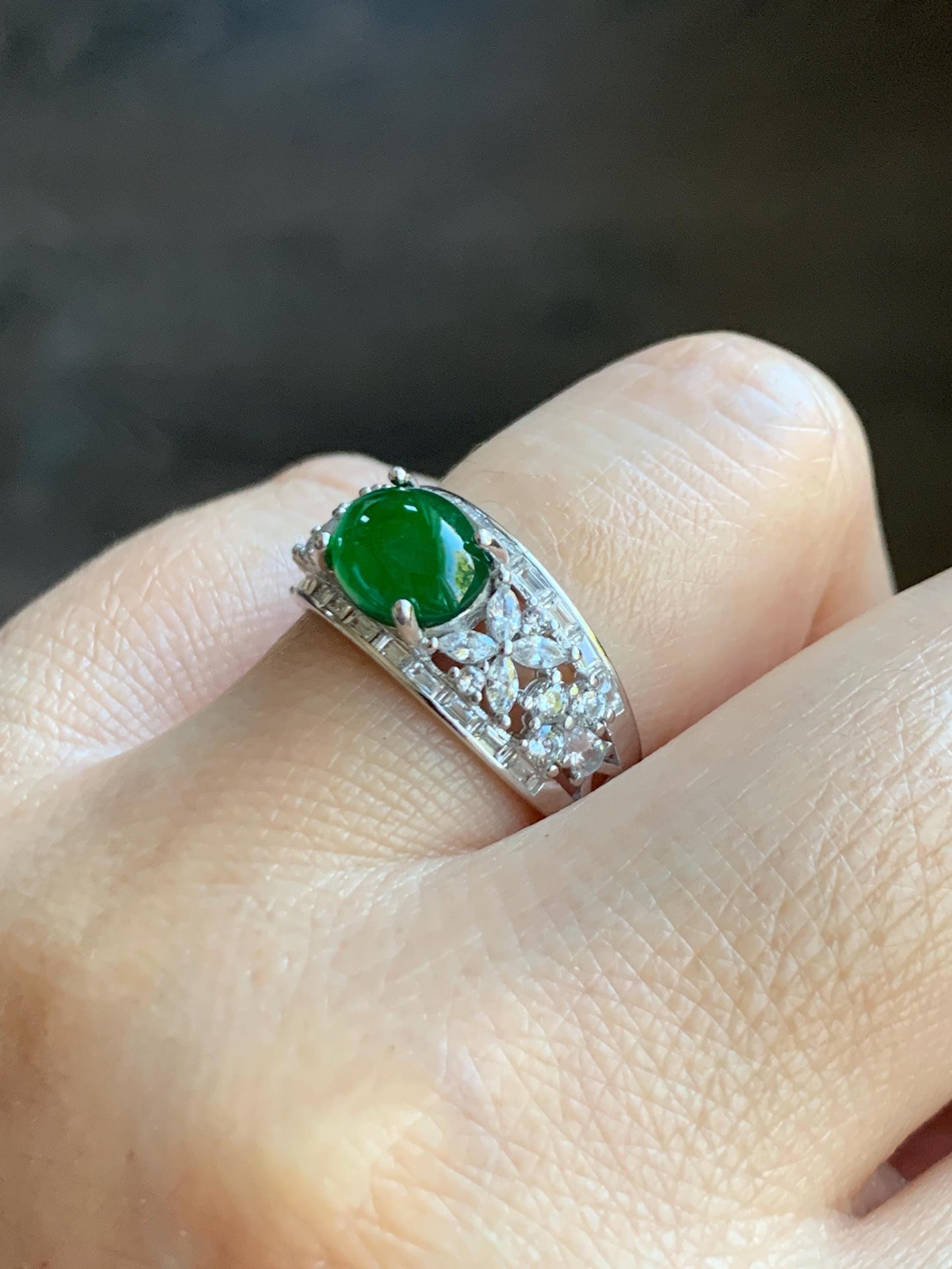 Natural Grade A Guatemalan Icy Translucent Vibrant Green Cabochon Jade Jadeite Ring Sterling Silver Size Adjustable 3g 天然冰危绿翡翠银镶戒指 WLO128