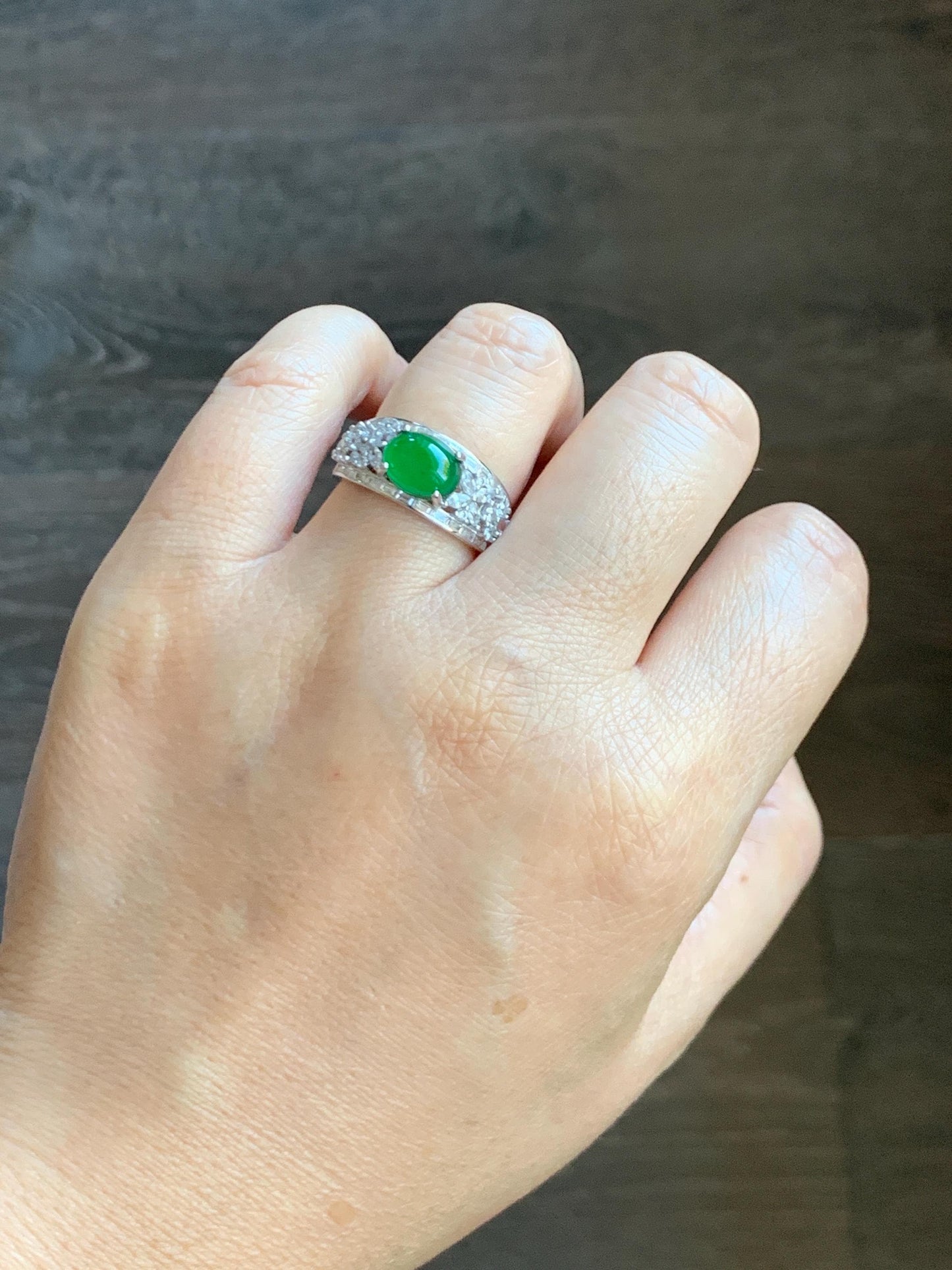 Natural Grade A Guatemalan Icy Translucent Vibrant Green Cabochon Jade Jadeite Ring Sterling Silver Size Adjustable 3g 天然冰危绿翡翠银镶戒指 WLO128
