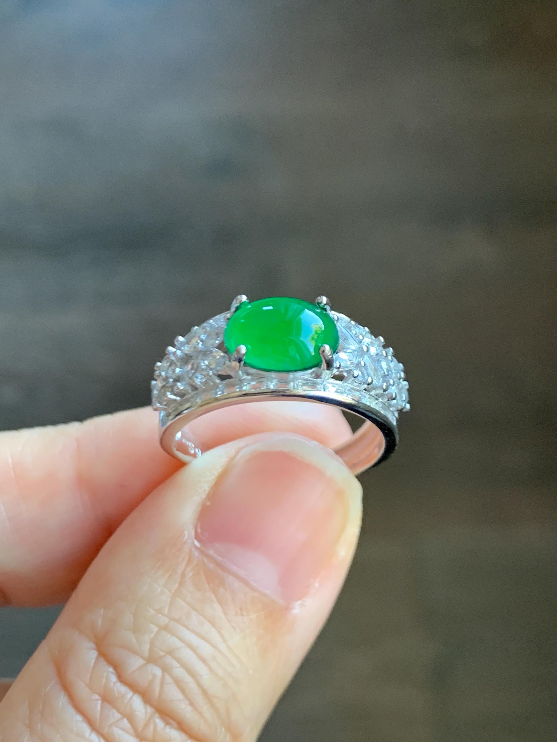 Natural Grade A Guatemalan Icy Translucent Vibrant Green Cabochon Jade Jadeite Ring Sterling Silver Size Adjustable 3g 天然冰危绿翡翠银镶戒指 WLO128