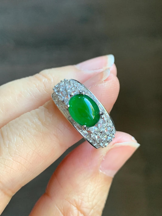 Natural Grade A Guatemalan Icy Translucent Vibrant Green Cabochon Jade Jadeite Ring Sterling Silver Size Adjustable 3g 天然冰危绿翡翠银镶戒指 WLO128