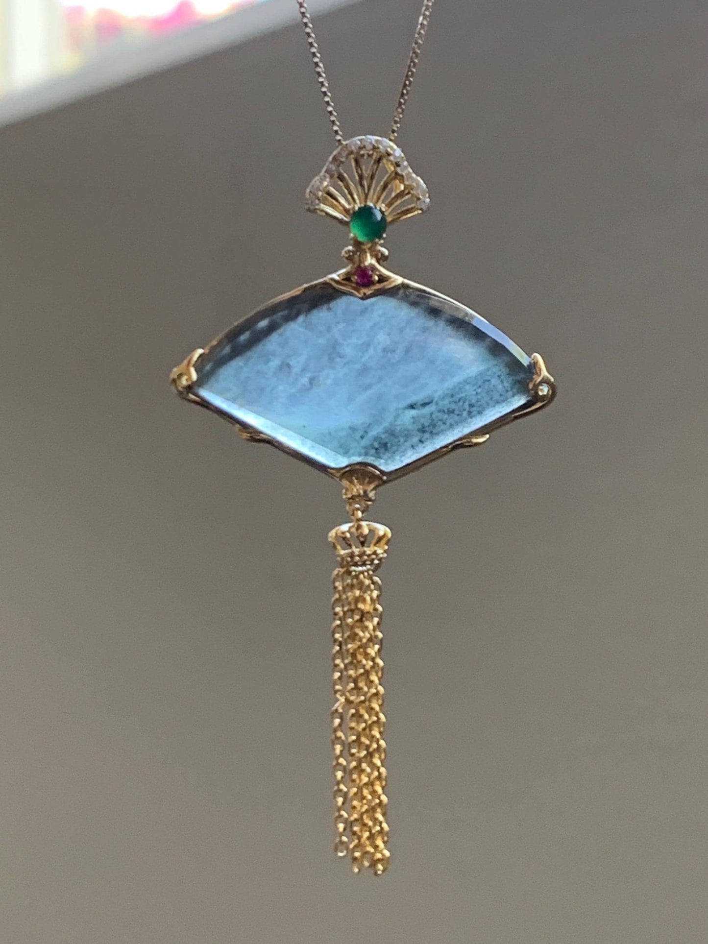 Natural Grade A Guatemalan Icy Highly Translucent Wuji Jadeite Wu Shi Pai Fan Pendant Sterling Silver 4g 天然冰胶危乌鸡翡翠无事牌镶嵌扇子吊坠 WJS150