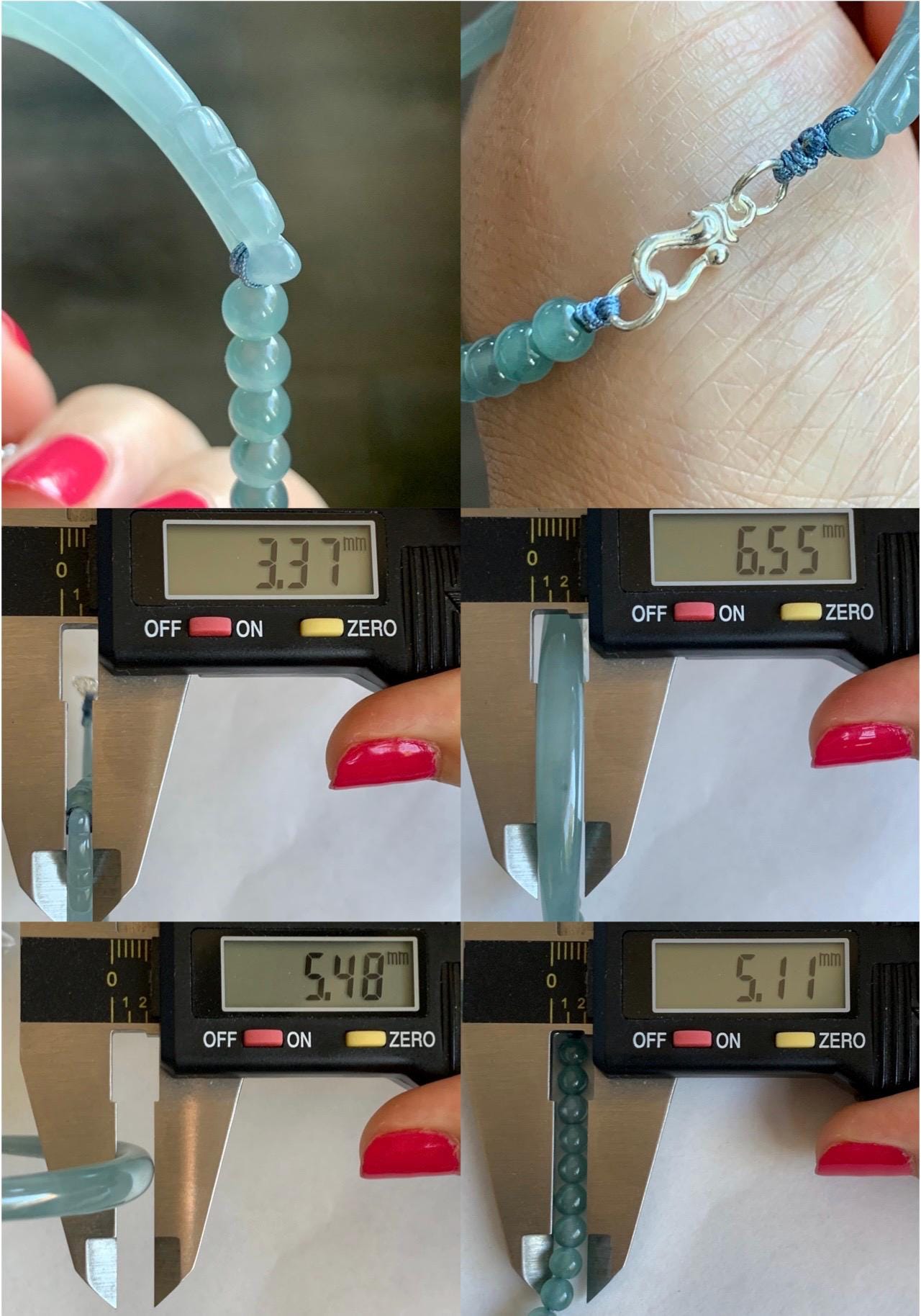 Natural Guatemalan Icy Translucent Pastel Dusty Blue Jade Jadeite Half Bangle Beaded Bracelet Sterling Silver 7.25” 11g 天然冰危淡篮翡翠半镯手串 MBZ163