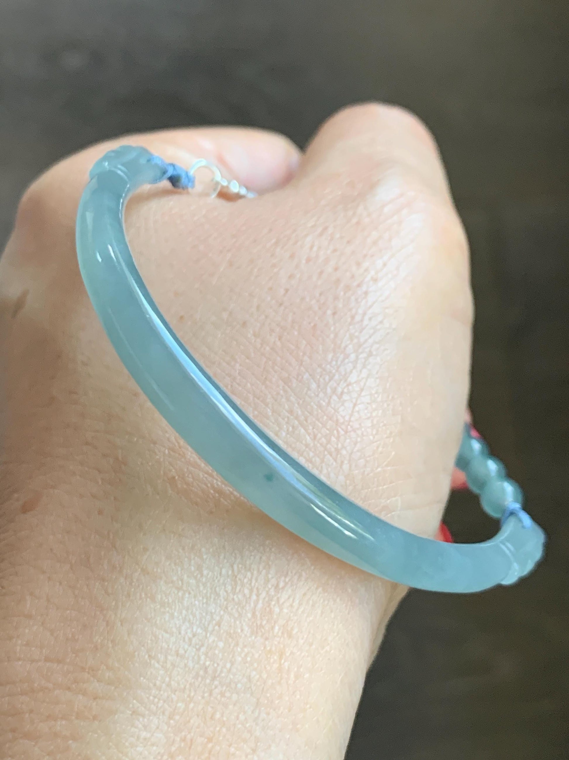 Natural Guatemalan Icy Translucent Pastel Dusty Blue Jade Jadeite Half Bangle Beaded Bracelet Sterling Silver 7.25” 11g 天然冰危淡篮翡翠半镯手串 MBZ163