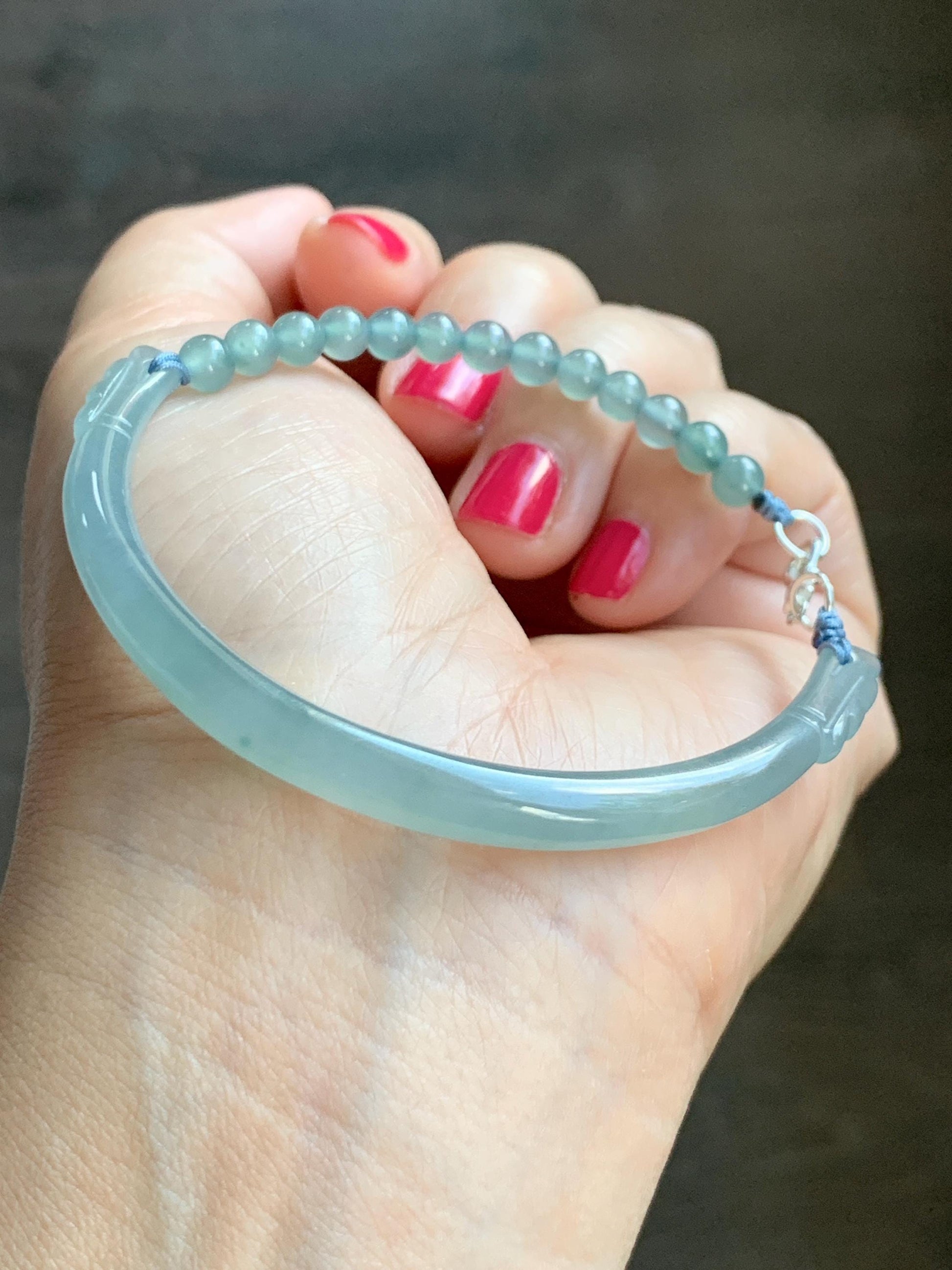 Natural Guatemalan Icy Translucent Pastel Dusty Blue Jade Jadeite Half Bangle Beaded Bracelet Sterling Silver 7.25” 11g 天然冰危淡篮翡翠半镯手串 MBZ163