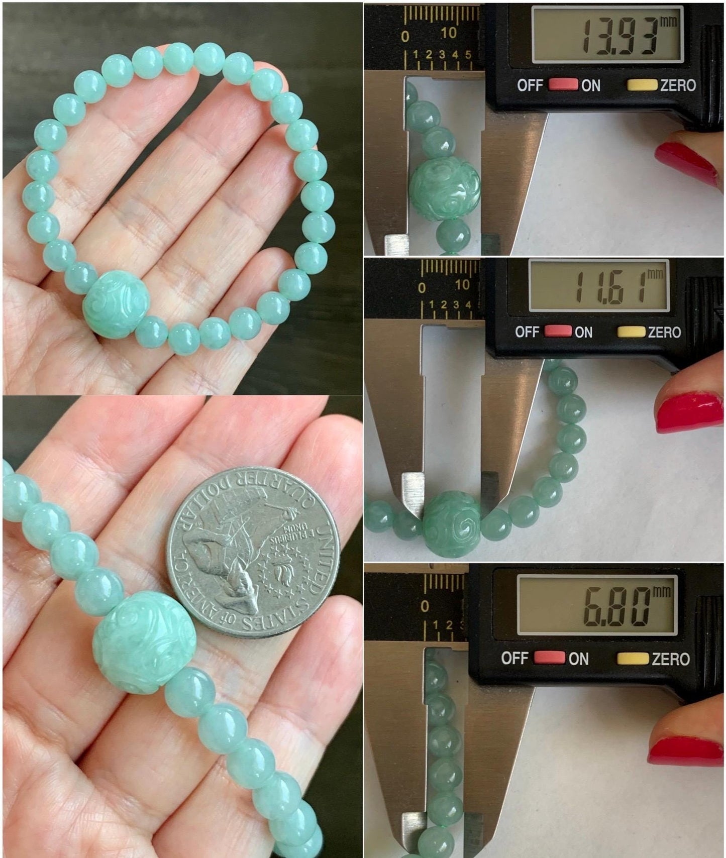 Natural Grade A Icy Translucent Pastel Green Jade Jadeite Beads Engraved Apple Bead Beaded Bracelet 7” 17g 天然冰晴珠仿古调苹果珠翡翠手串 MDL286