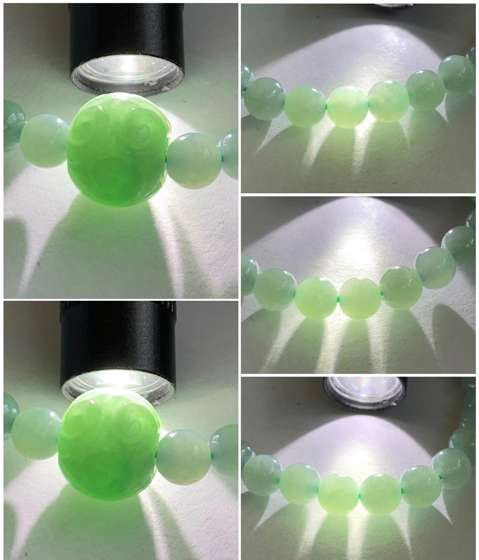 Natural Grade A Icy Translucent Pastel Green Jade Jadeite Beads Engraved Apple Bead Beaded Bracelet 7” 17g 天然冰晴珠仿古调苹果珠翡翠手串 MDL286