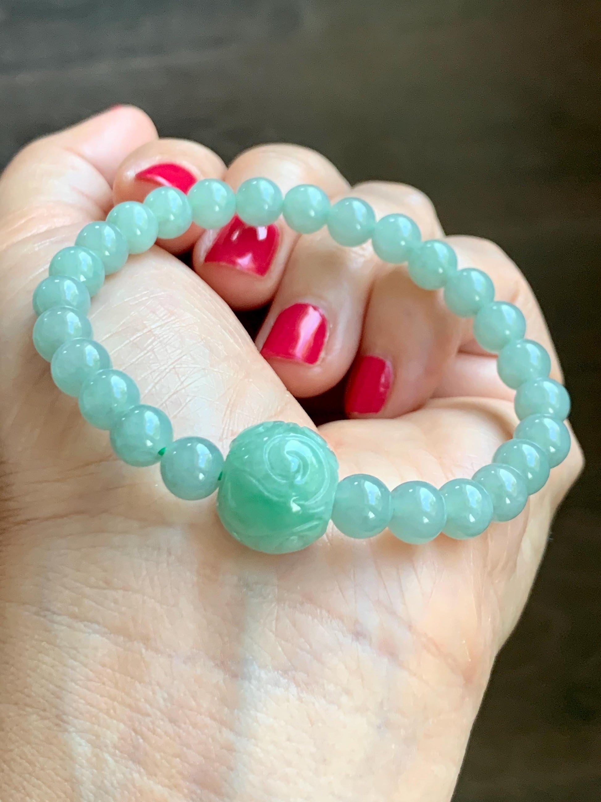 Natural Grade A Icy Translucent Pastel Green Jade Jadeite Beads Engraved Apple Bead Beaded Bracelet 7” 17g 天然冰晴珠仿古调苹果珠翡翠手串 MDL286