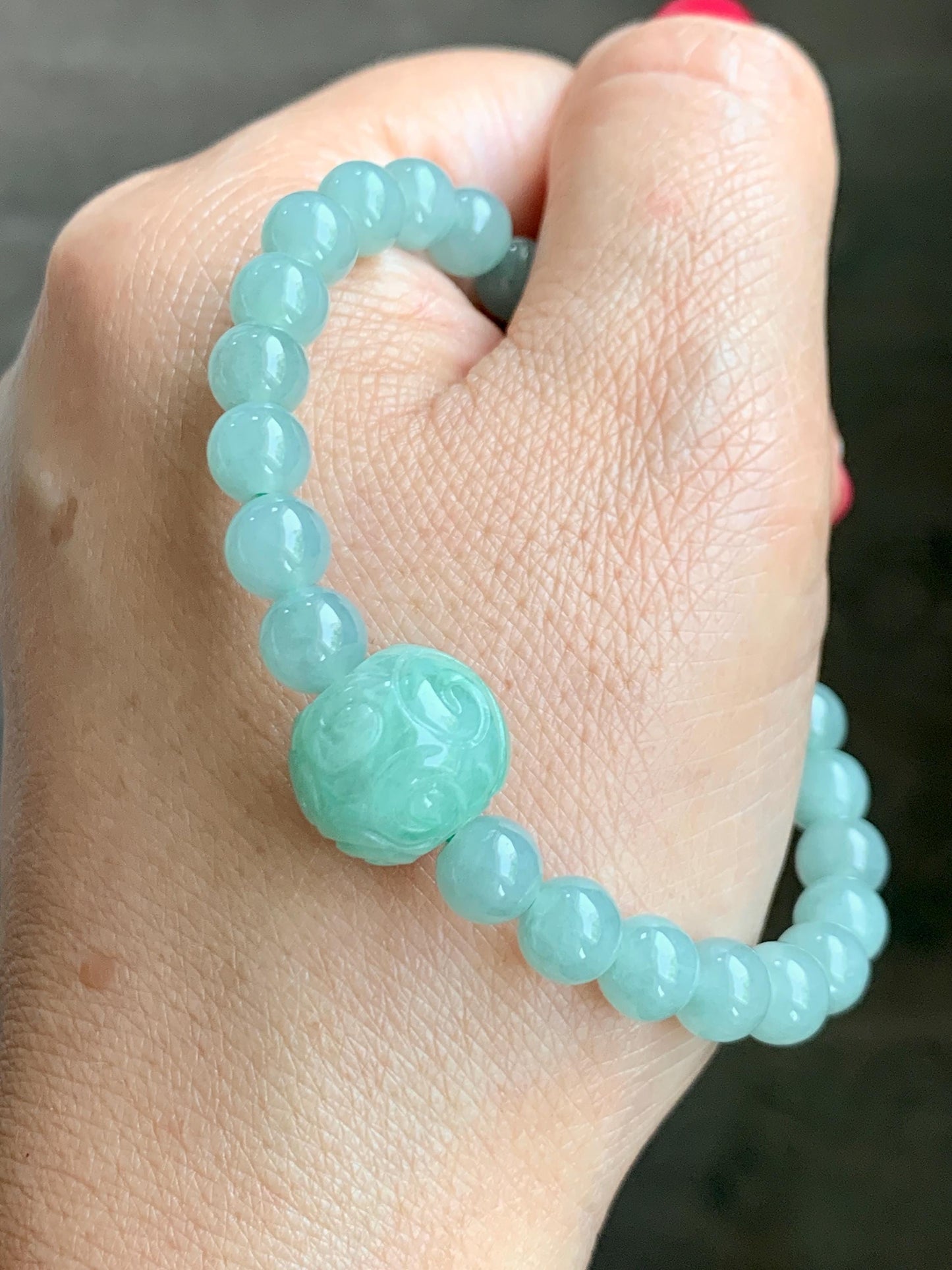 Natural Grade A Icy Translucent Pastel Green Jade Jadeite Beads Engraved Apple Bead Beaded Bracelet 7” 17g 天然冰晴珠仿古调苹果珠翡翠手串 MDL286