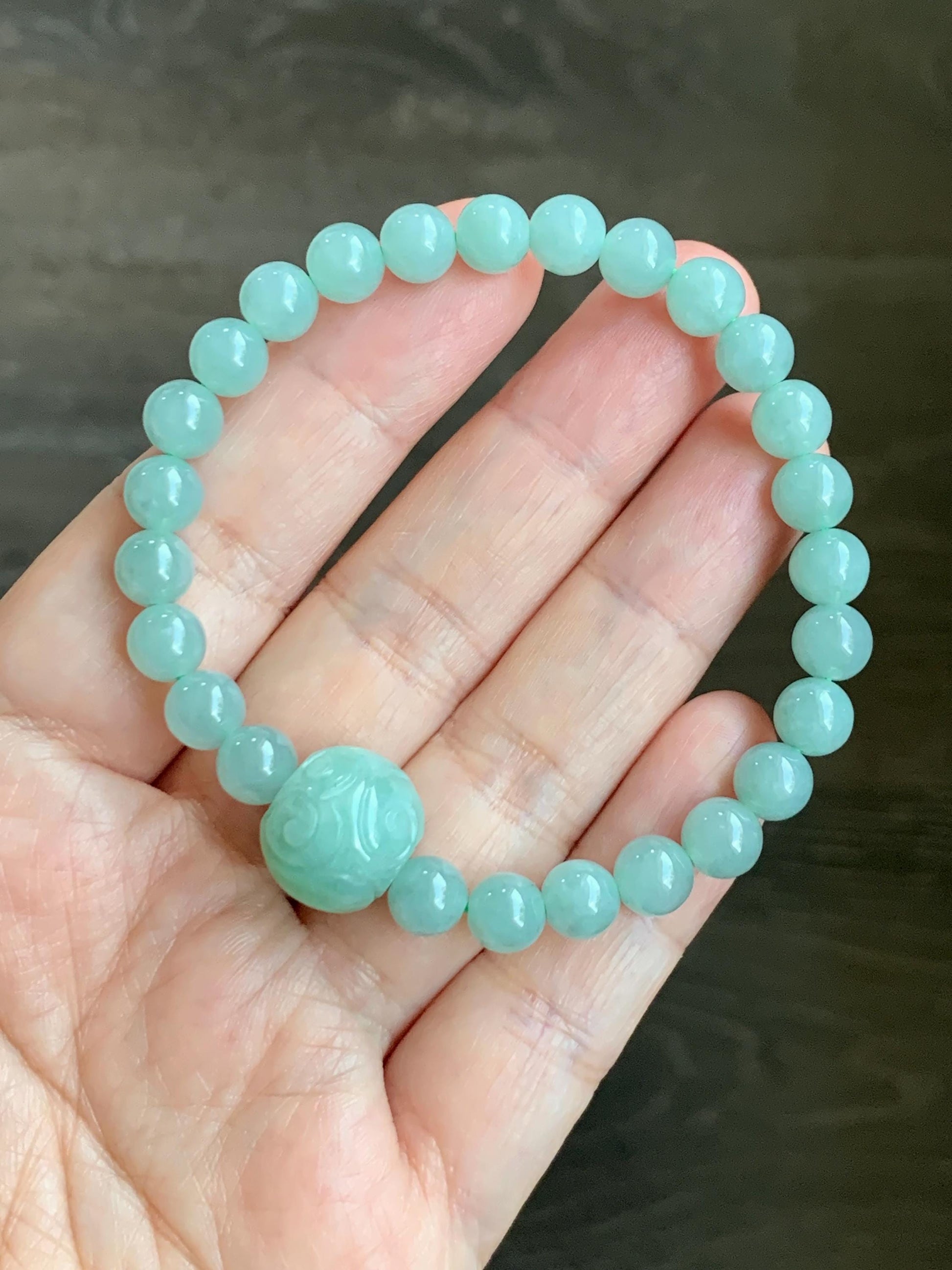 Natural Grade A Icy Translucent Pastel Green Jade Jadeite Beads Engraved Apple Bead Beaded Bracelet 7” 17g 天然冰晴珠仿古调苹果珠翡翠手串 MDL286