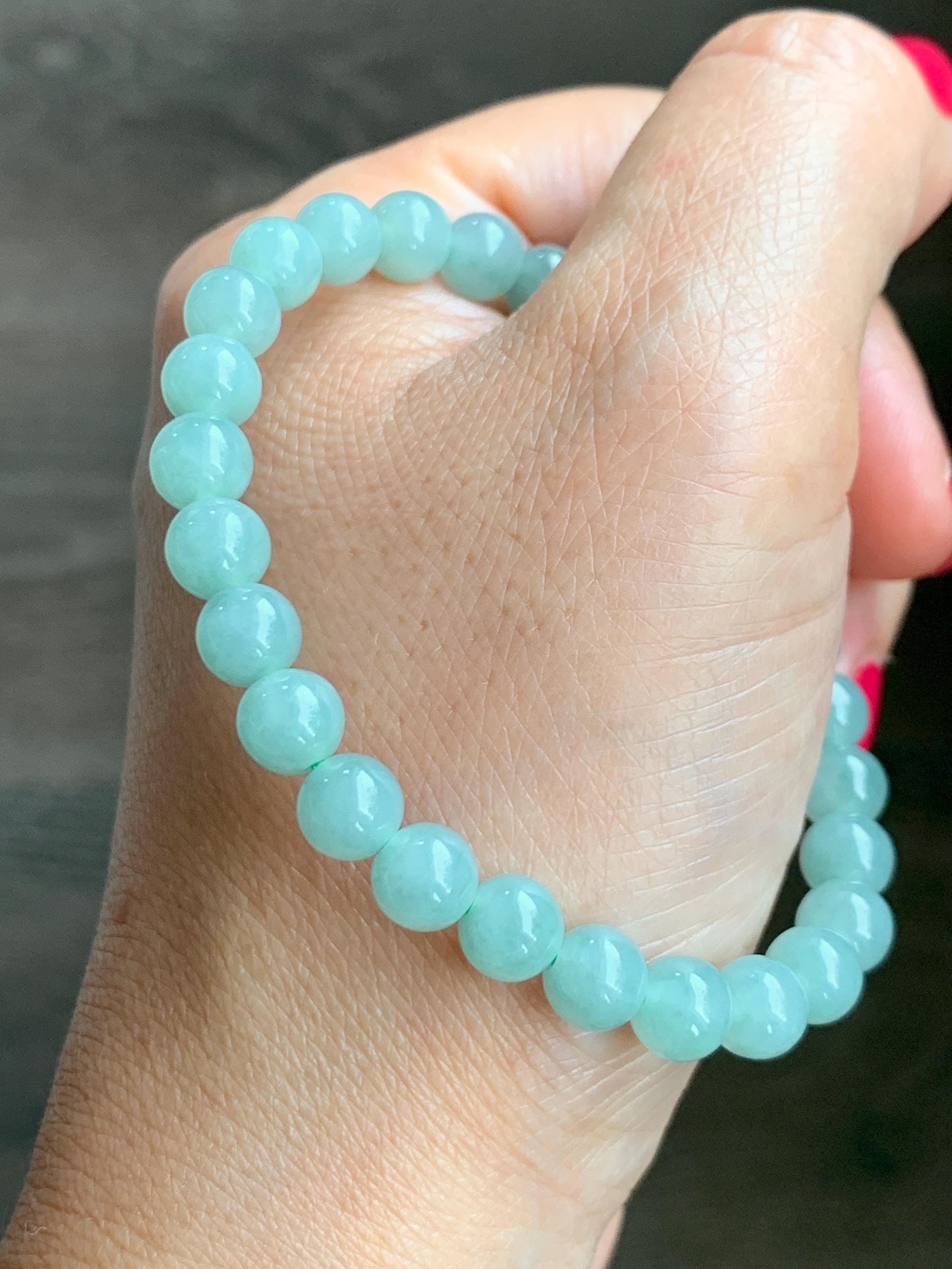 Natural Grade A Icy Translucent Pastel Green Jade Jadeite Beads Engraved Apple Bead Beaded Bracelet 7” 17g 天然冰晴珠仿古调苹果珠翡翠手串 MDL286
