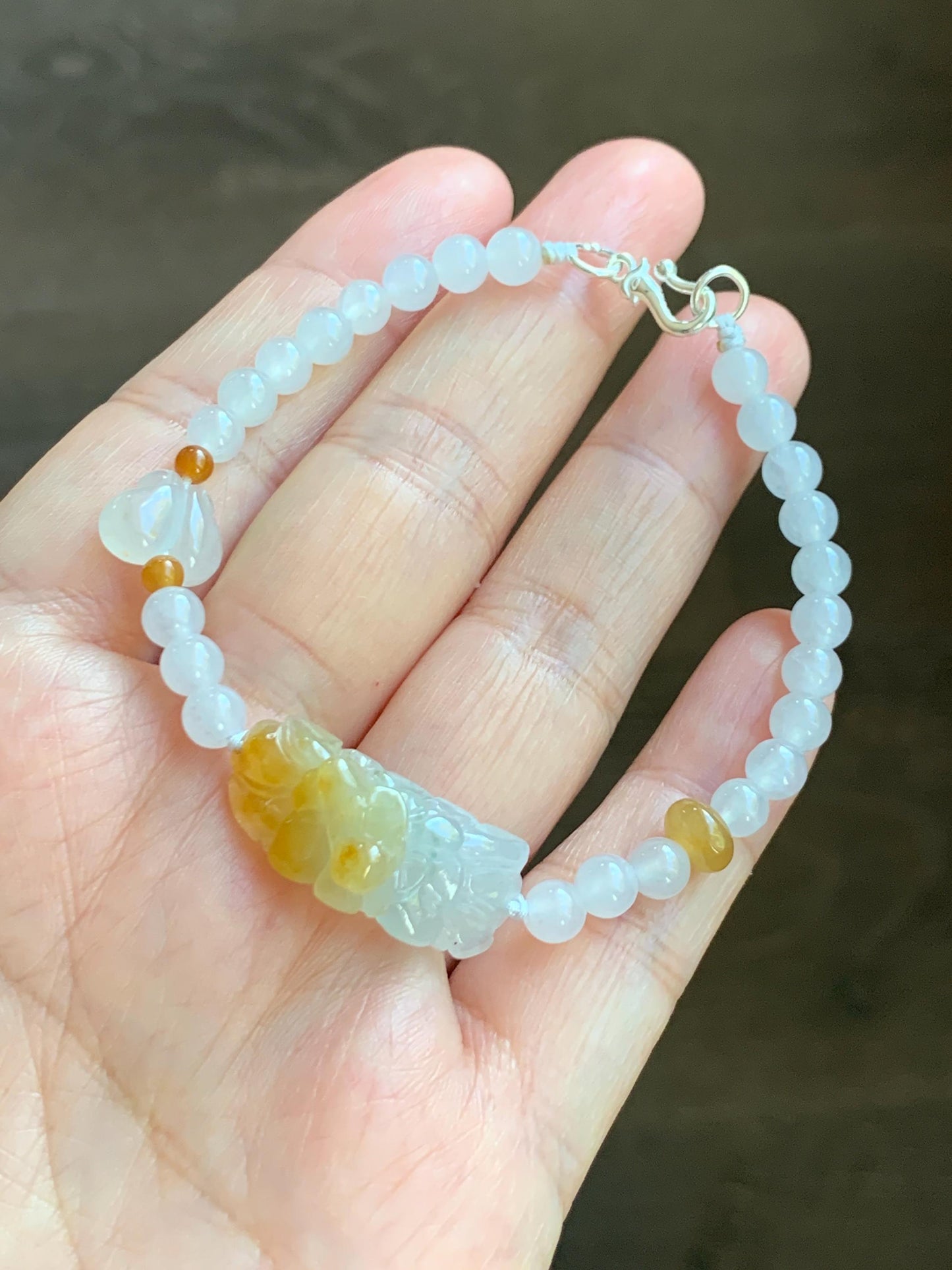 Natural Grade A Icy Translucent Vibrant Yellow Marbled Jade Jadeite Flower Cuff Beaded Bracelet 7” Sterling Silver 10g 天然冰飘黄翡翠花手牌手串 MHB360