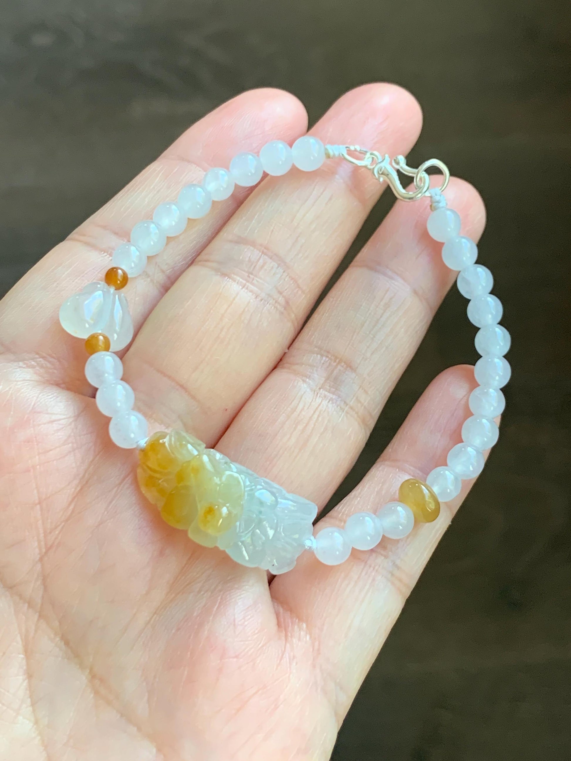 Natural Grade A Icy Translucent Vibrant Yellow Marbled Jade Jadeite Flower Cuff Beaded Bracelet 7” Sterling Silver 10g 天然冰飘黄翡翠花手牌手串 MHB360