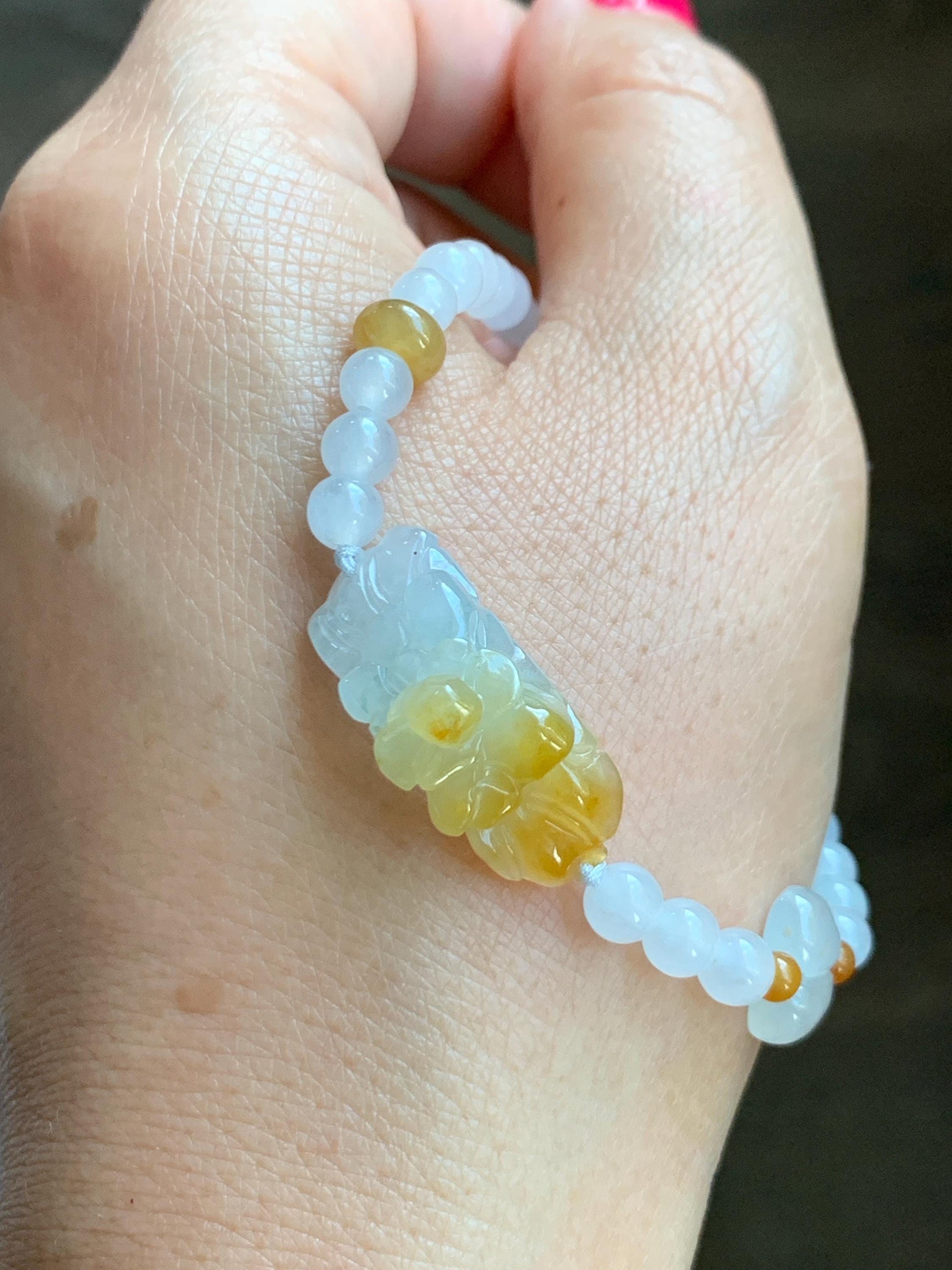 Natural Grade A Icy Translucent Vibrant Yellow Marbled Jade Jadeite Flower Cuff Beaded Bracelet 7” Sterling Silver 10g 天然冰飘黄翡翠花手牌手串 MHB360