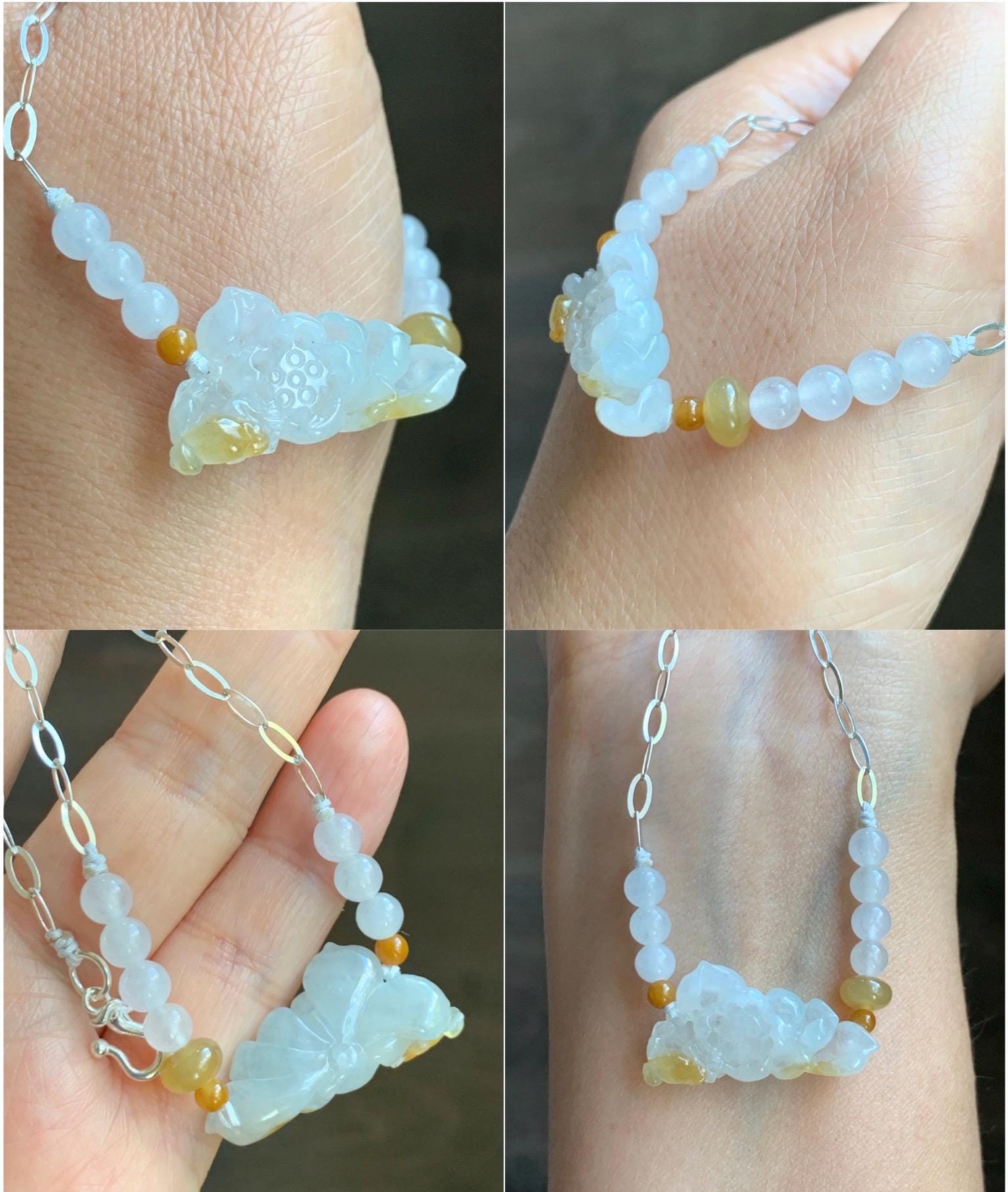 Natural Grade A Icy Translucent White Yellow Marbled Jadeite Lotus Flower Pendant Chain Necklace Sterling Silver 16.5” 天然白冰撒黄翡翠莲花锁骨链 MHLX220