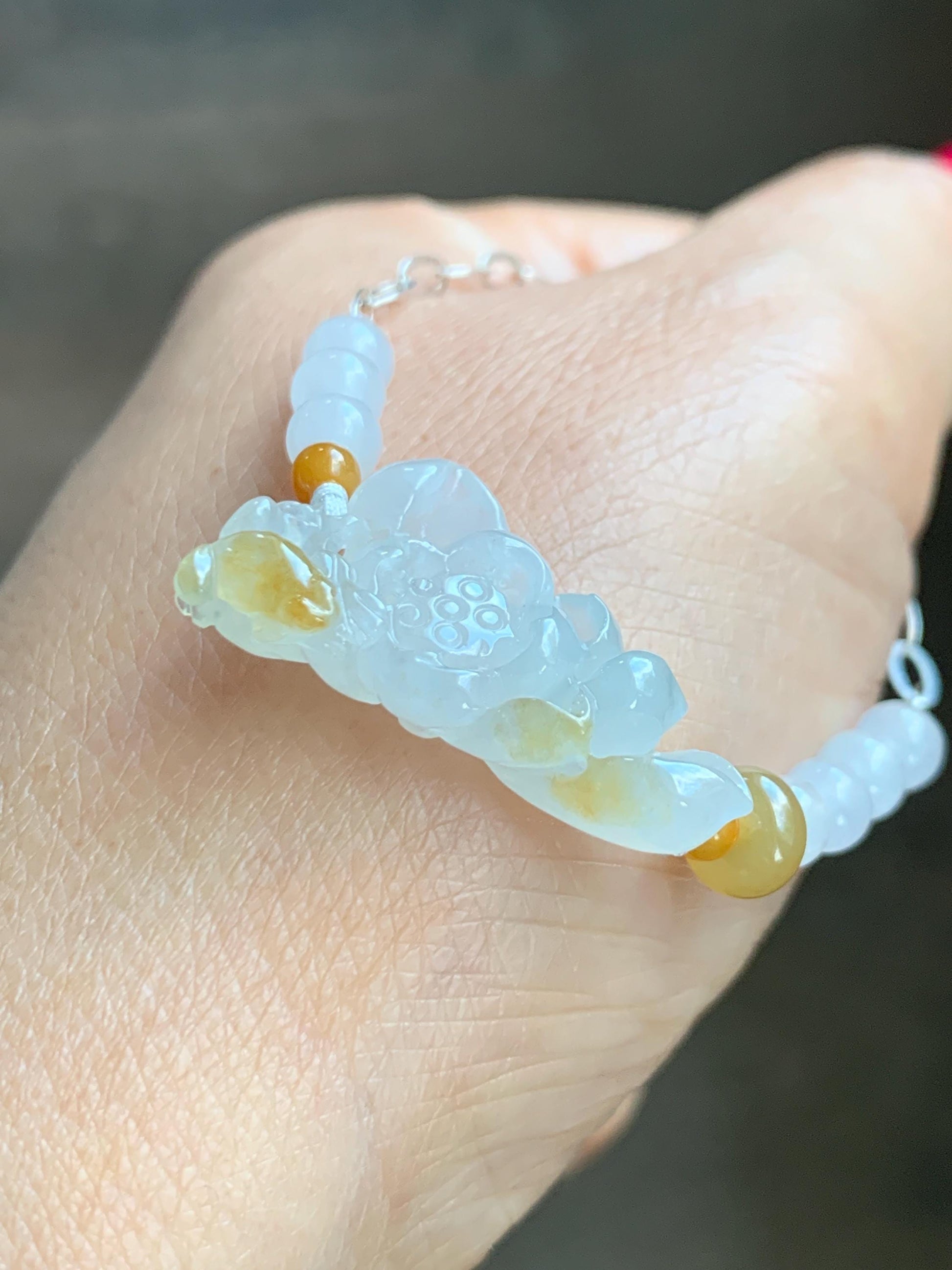 Natural Grade A Icy Translucent White Yellow Marbled Jadeite Lotus Flower Pendant Chain Necklace Sterling Silver 16.5” 天然白冰撒黄翡翠莲花锁骨链 MHLX220