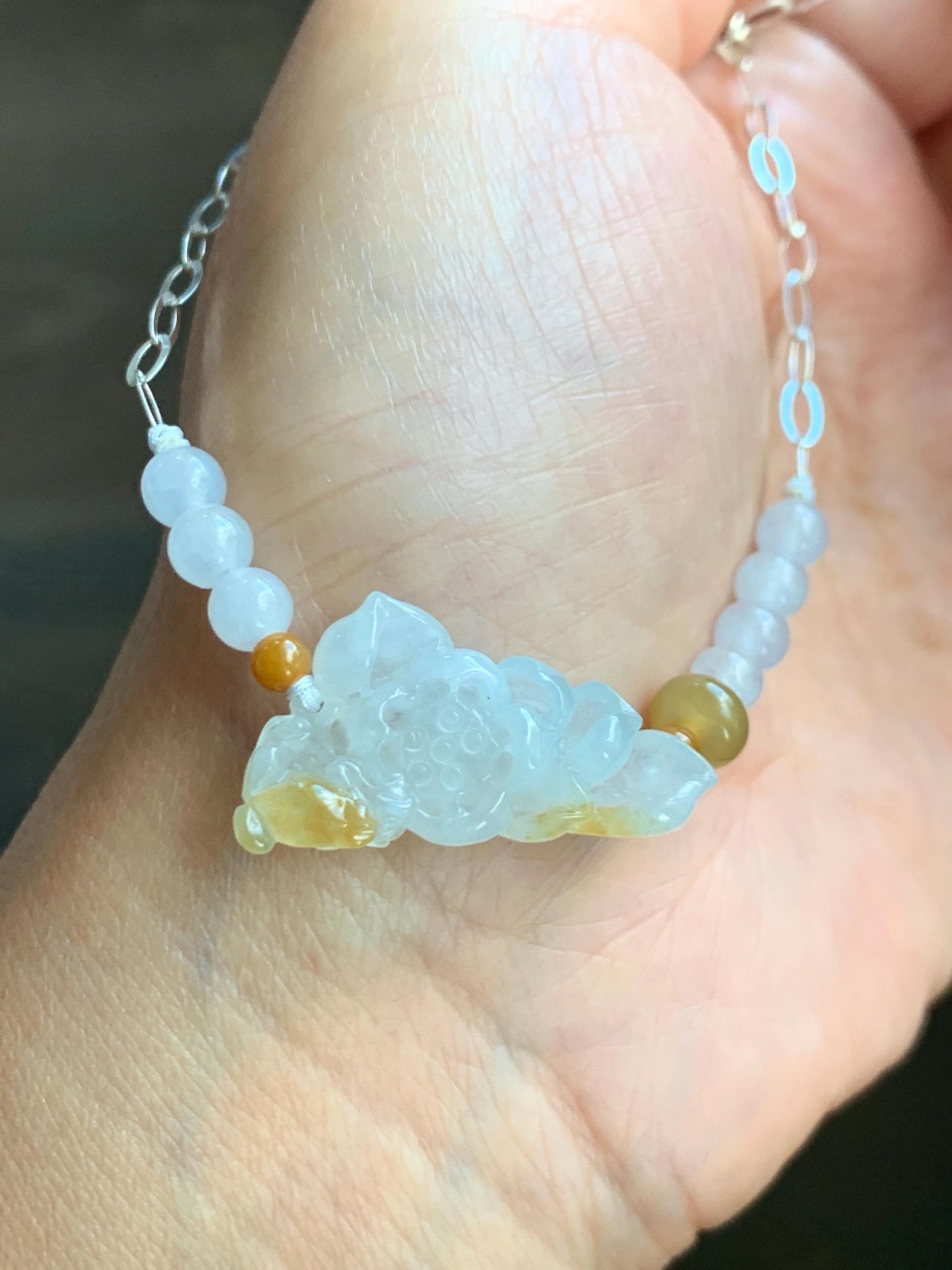 Natural Grade A Icy Translucent White Yellow Marbled Jadeite Lotus Flower Pendant Chain Necklace Sterling Silver 16.5” 天然白冰撒黄翡翠莲花锁骨链 MHLX220