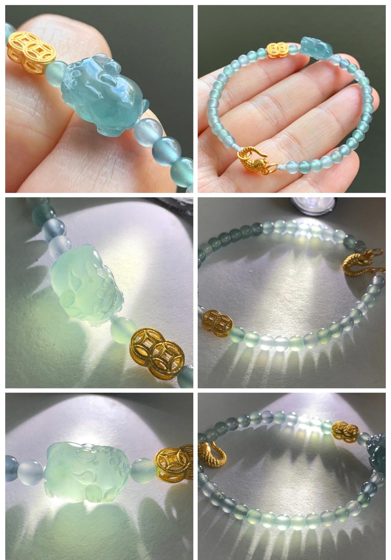 Natural Grade A Guatemalan Icy Highly Translucent Teal Blue Jade Jadeite Pixiu Beaded Bracelet 6.5” Sterling Silver 6g 天然高冰危蓝翡翠貔貅圆珠手串 GBW454