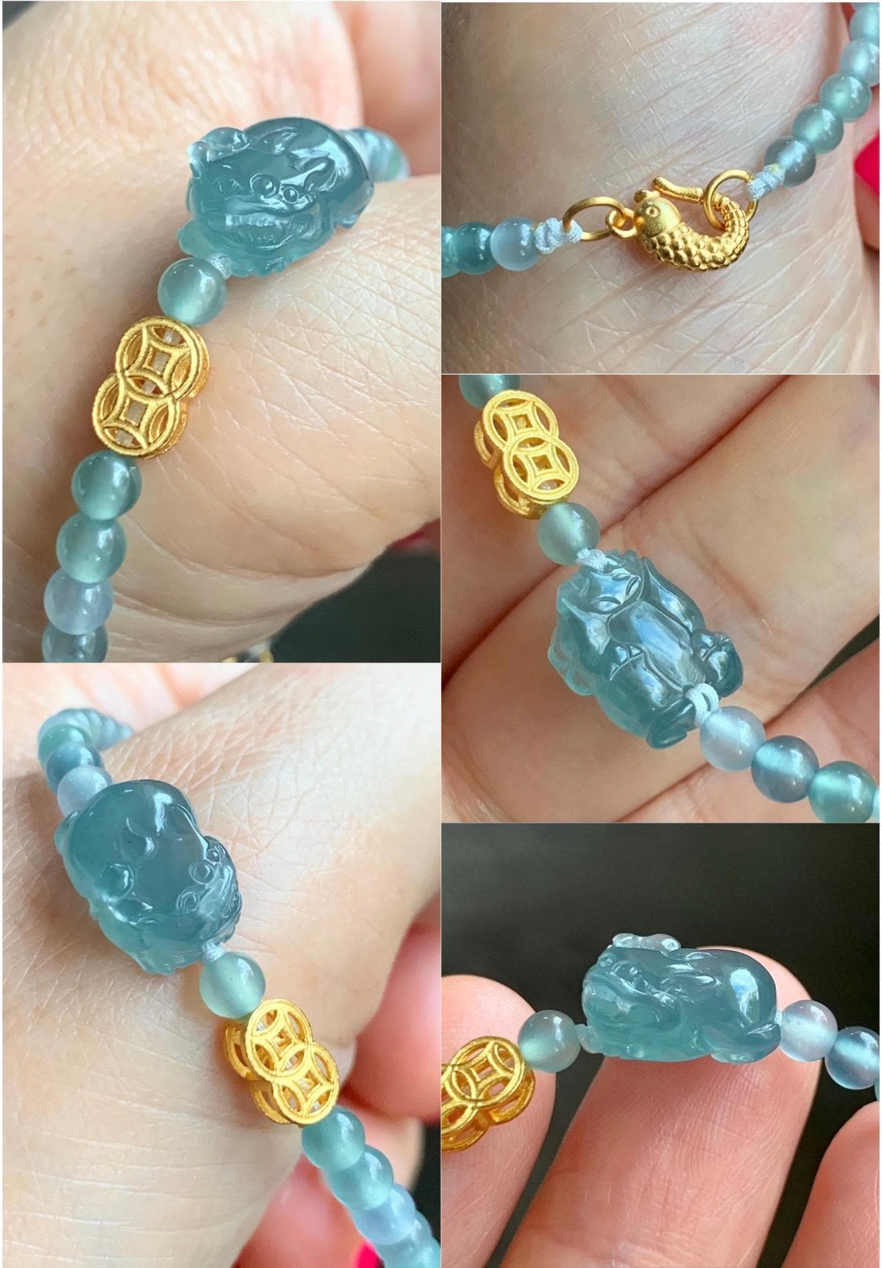 Natural Grade A Guatemalan Icy Highly Translucent Teal Blue Jade Jadeite Pixiu Beaded Bracelet 6.5” Sterling Silver 6g 天然高冰危蓝翡翠貔貅圆珠手串 GBW454