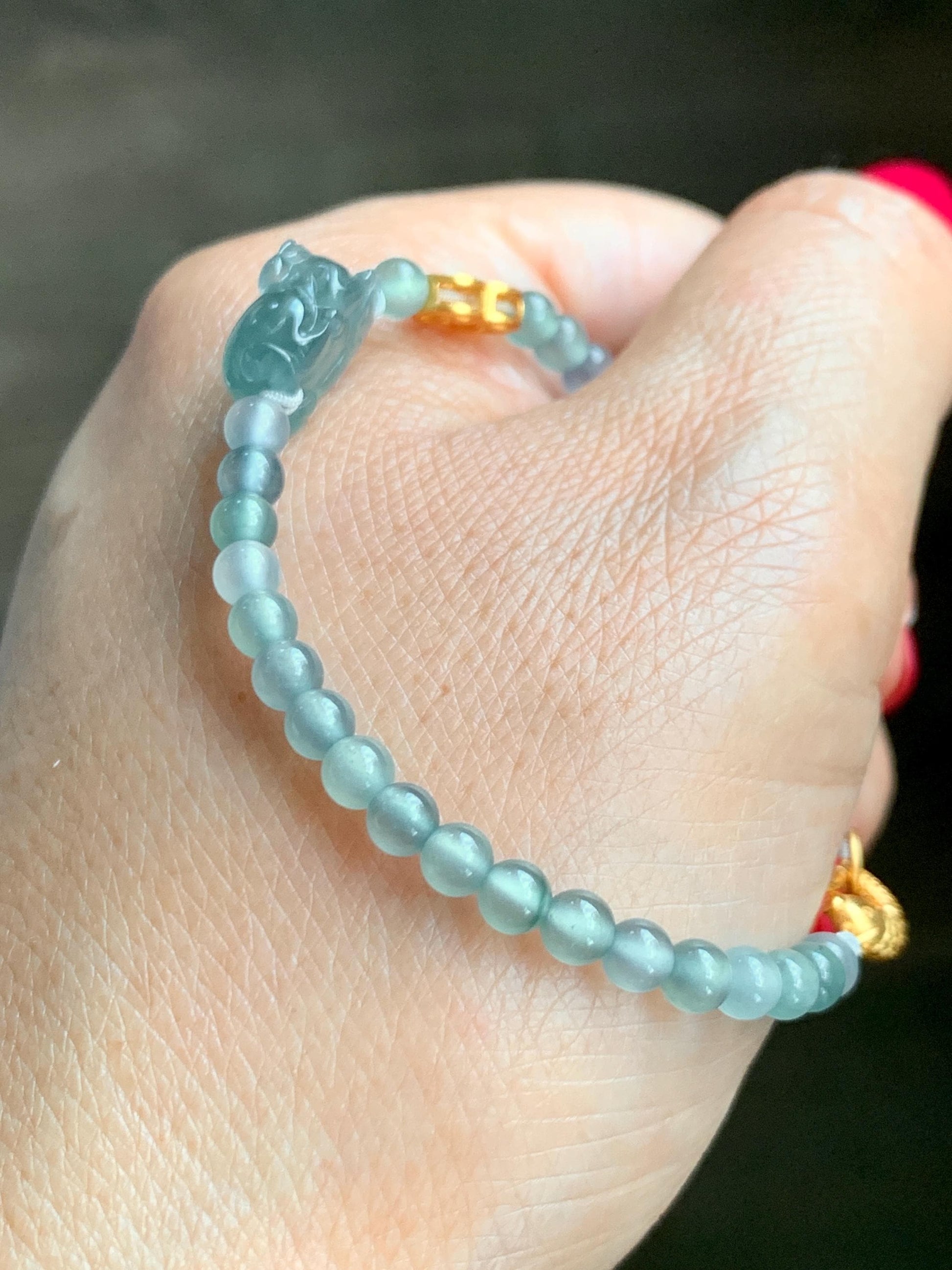 Natural Grade A Guatemalan Icy Highly Translucent Teal Blue Jade Jadeite Pixiu Beaded Bracelet 6.5” Sterling Silver 6g 天然高冰危蓝翡翠貔貅圆珠手串 GBW454