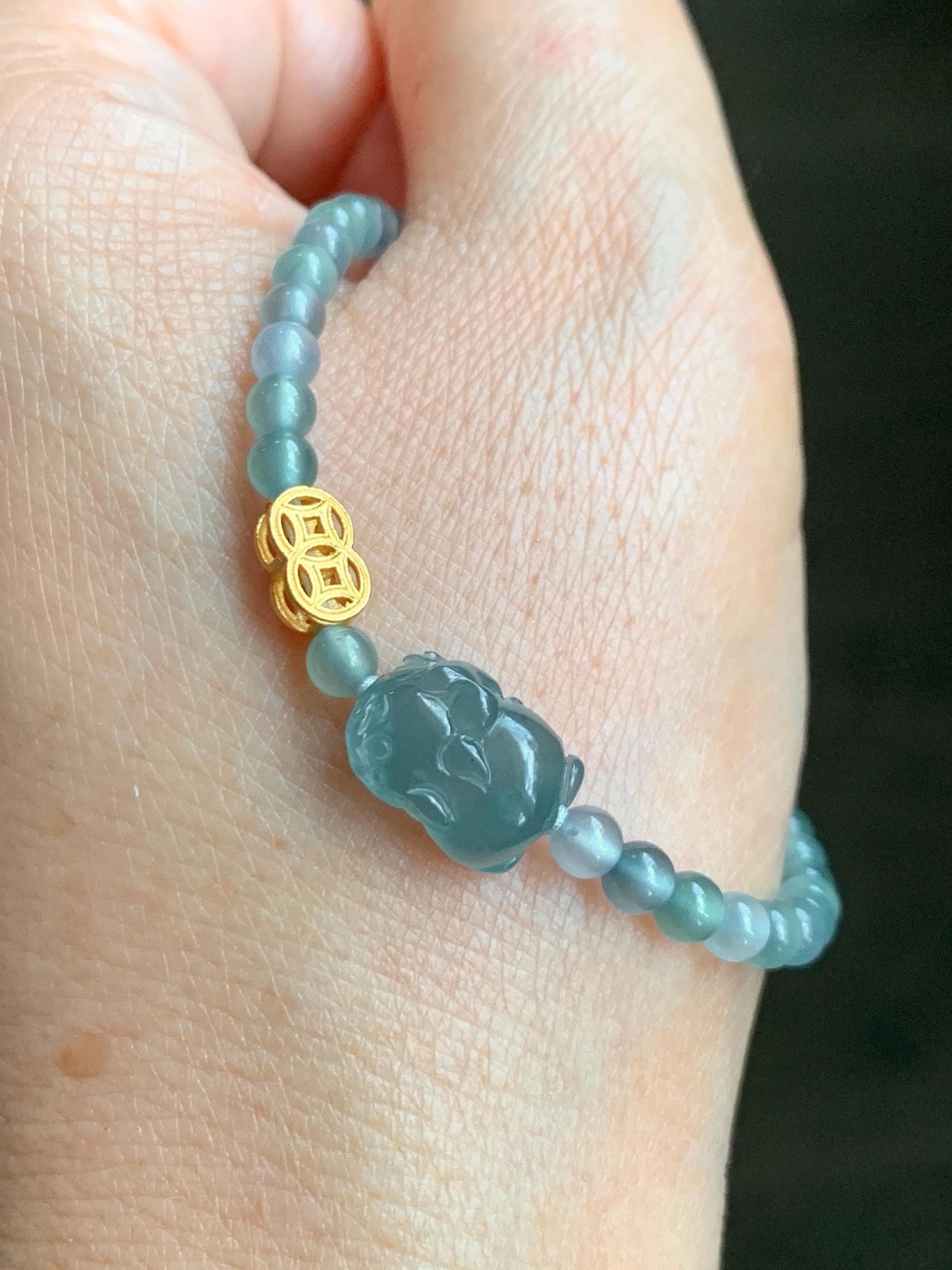 Natural Grade A Guatemalan Icy Highly Translucent Teal Blue Jade Jadeite Pixiu Beaded Bracelet 6.5” Sterling Silver 6g 天然高冰危蓝翡翠貔貅圆珠手串 GBW454