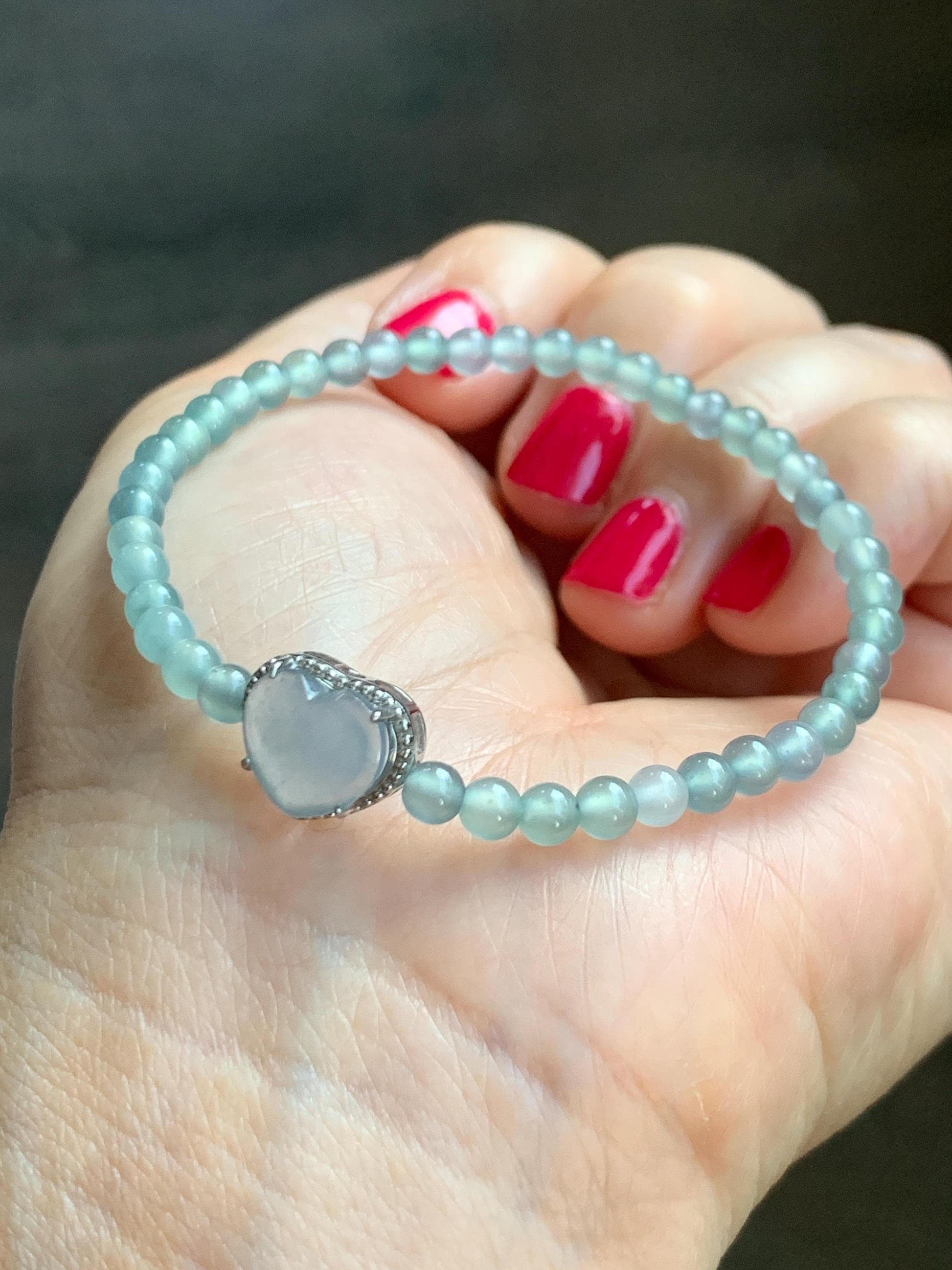 Natural Grade A Guatemalan Icy Highly Translucent Teal Blue Jade Jadeite Beaded Bracelet Sterling Silver 6.75” 5g 天然冰危起光浅蓝翡翠珠潘多拉手串 WQDB246