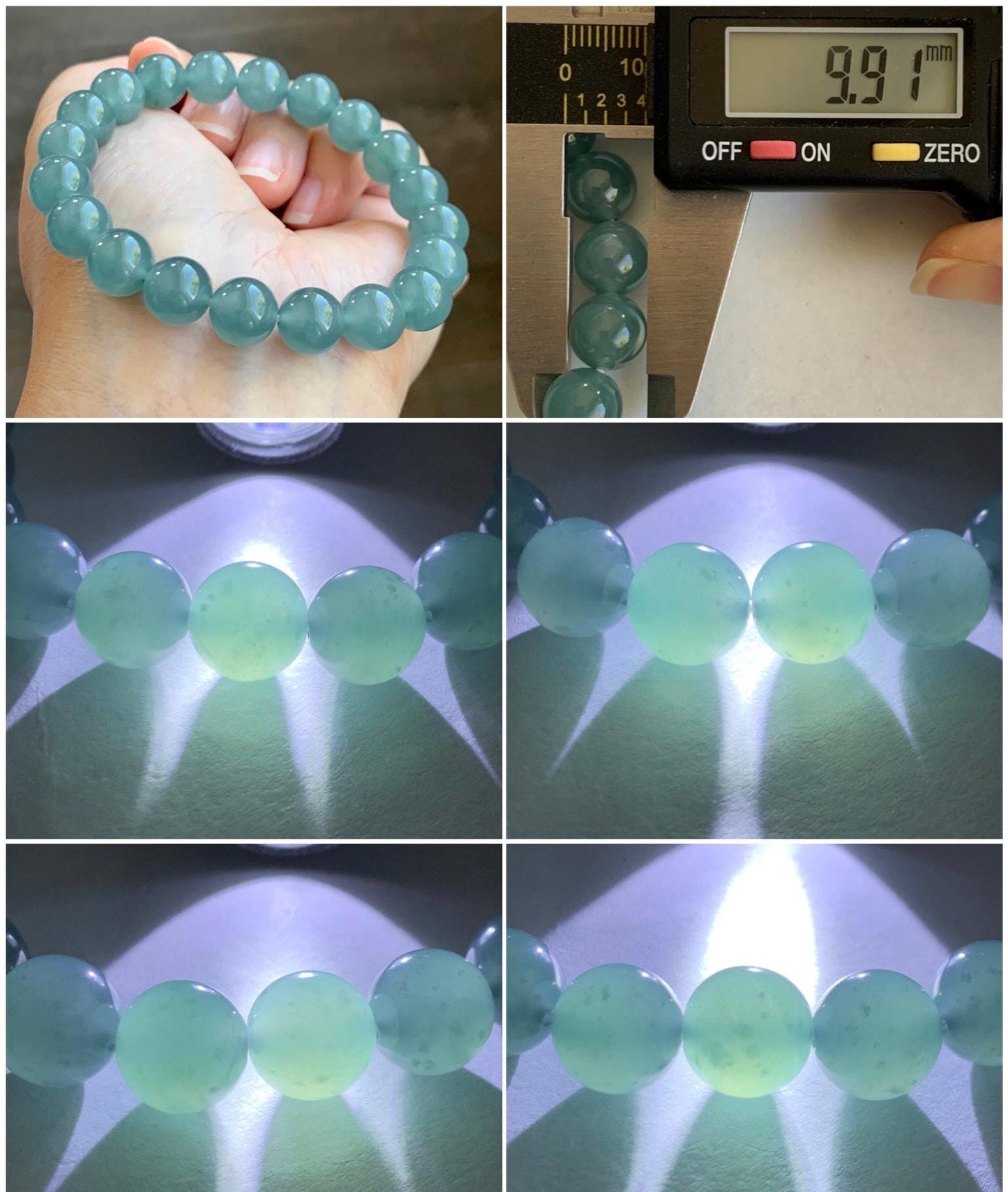 Natural Grade A Guatemalan Icy Translucent Teal Jade Jadeite Beaded Bracelet Stretchy 9.8mm 7.25” 33g 天然冰危蓝绿翡翠圆珠手串 WLL385B