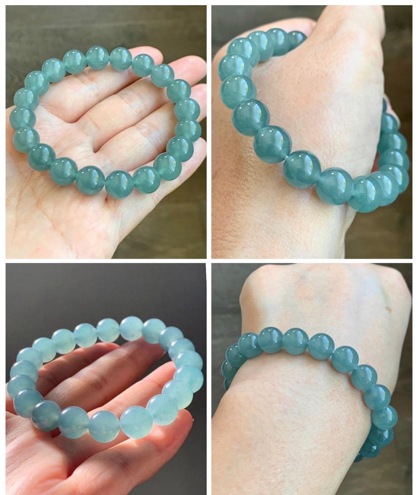 Natural Grade A Guatemalan Icy Translucent Teal Jade Jadeite Beaded Bracelet Stretchy 9.8mm 7.25” 33g 天然冰危蓝绿翡翠圆珠手串 WLL385B