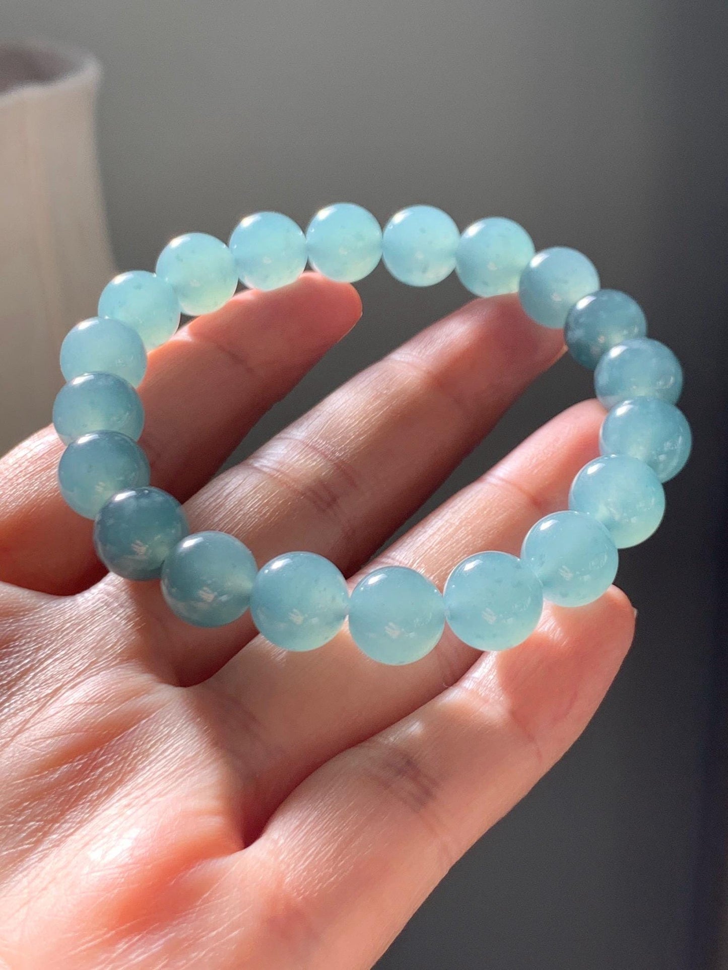 Natural Grade A Guatemalan Icy Translucent Teal Jade Jadeite Beaded Bracelet Stretchy 9.8mm 7.25” 33g 天然冰危蓝绿翡翠圆珠手串 WLL385B