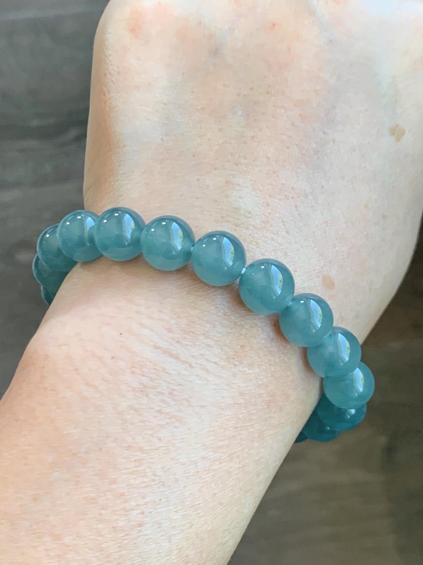 Natural Grade A Guatemalan Icy Translucent Teal Jade Jadeite Beaded Bracelet Stretchy 9.8mm 7.25” 33g 天然冰危蓝绿翡翠圆珠手串 WLL385B