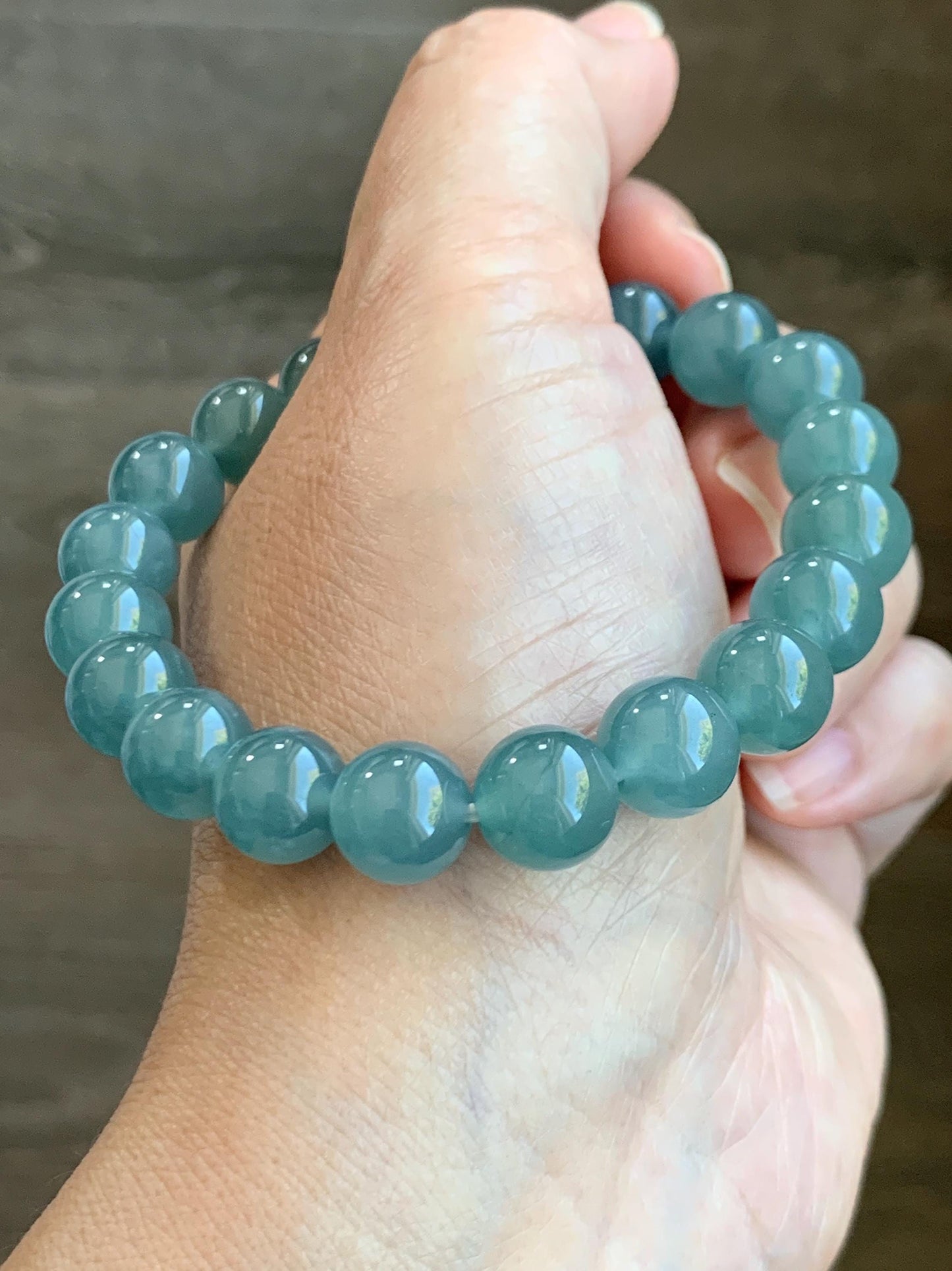 Natural Grade A Guatemalan Icy Translucent Teal Jade Jadeite Beaded Bracelet Stretchy 9.8mm 7.25” 33g 天然冰危蓝绿翡翠圆珠手串 WLL385B