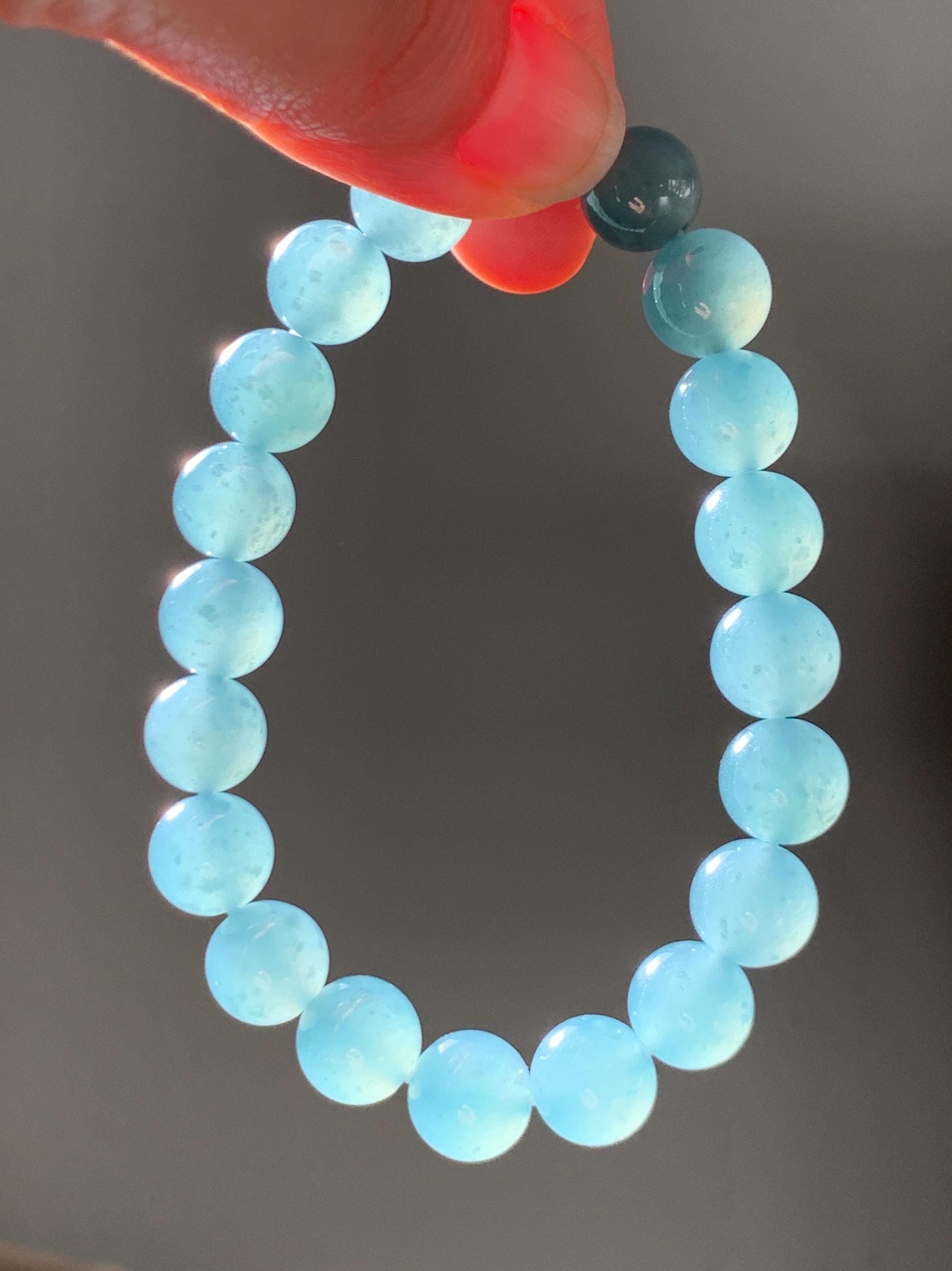 Natural Grade A Guatemalan Icy Translucent Teal Jade Jadeite Beaded Bracelet Stretchy 9.8mm 7.25” 33g 天然冰危蓝绿翡翠圆珠手串 WLL385B
