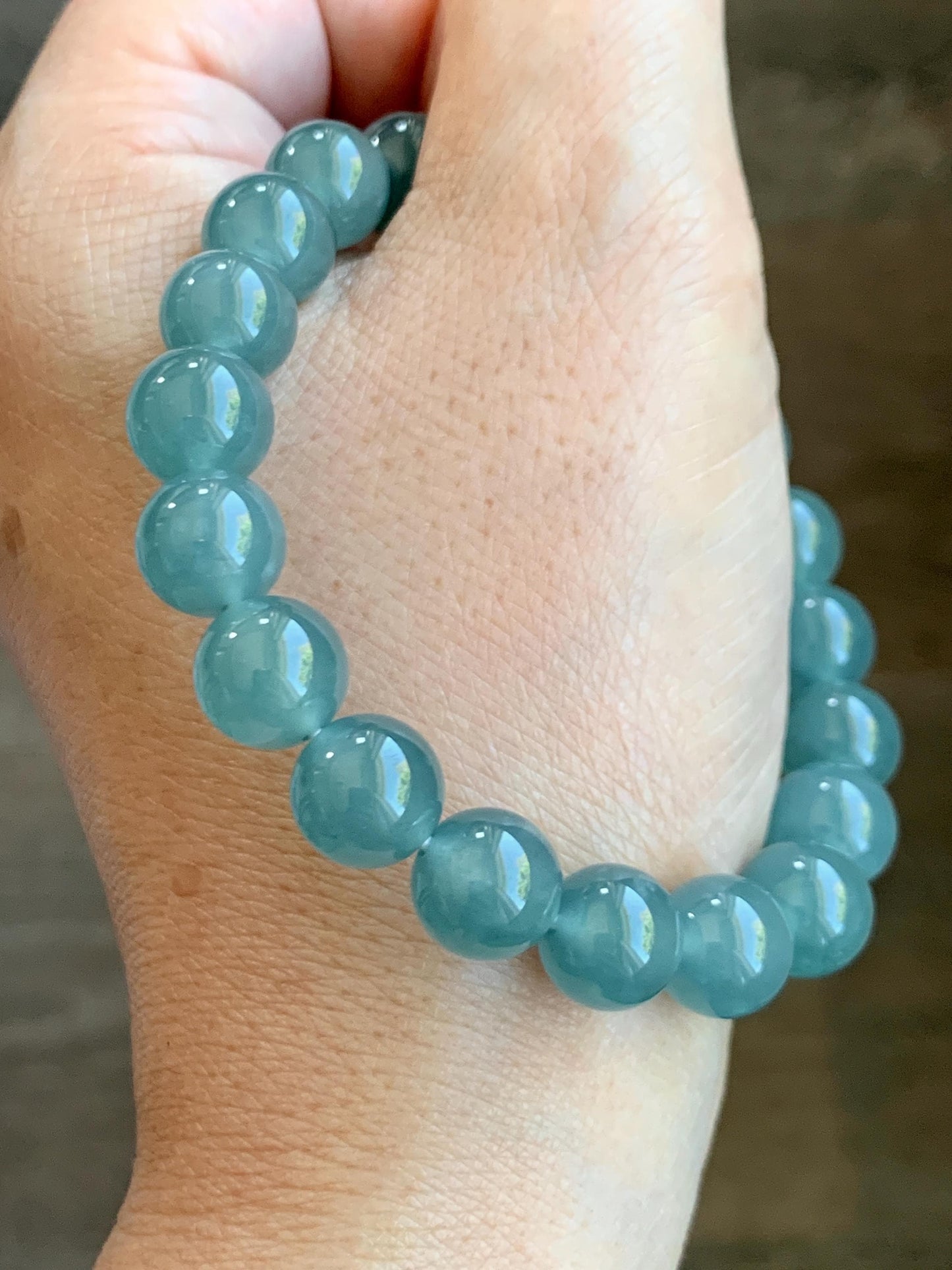 Natural Grade A Guatemalan Icy Translucent Teal Jade Jadeite Beaded Bracelet Stretchy 9.8mm 7.25” 33g 天然冰危蓝绿翡翠圆珠手串 WLL385B