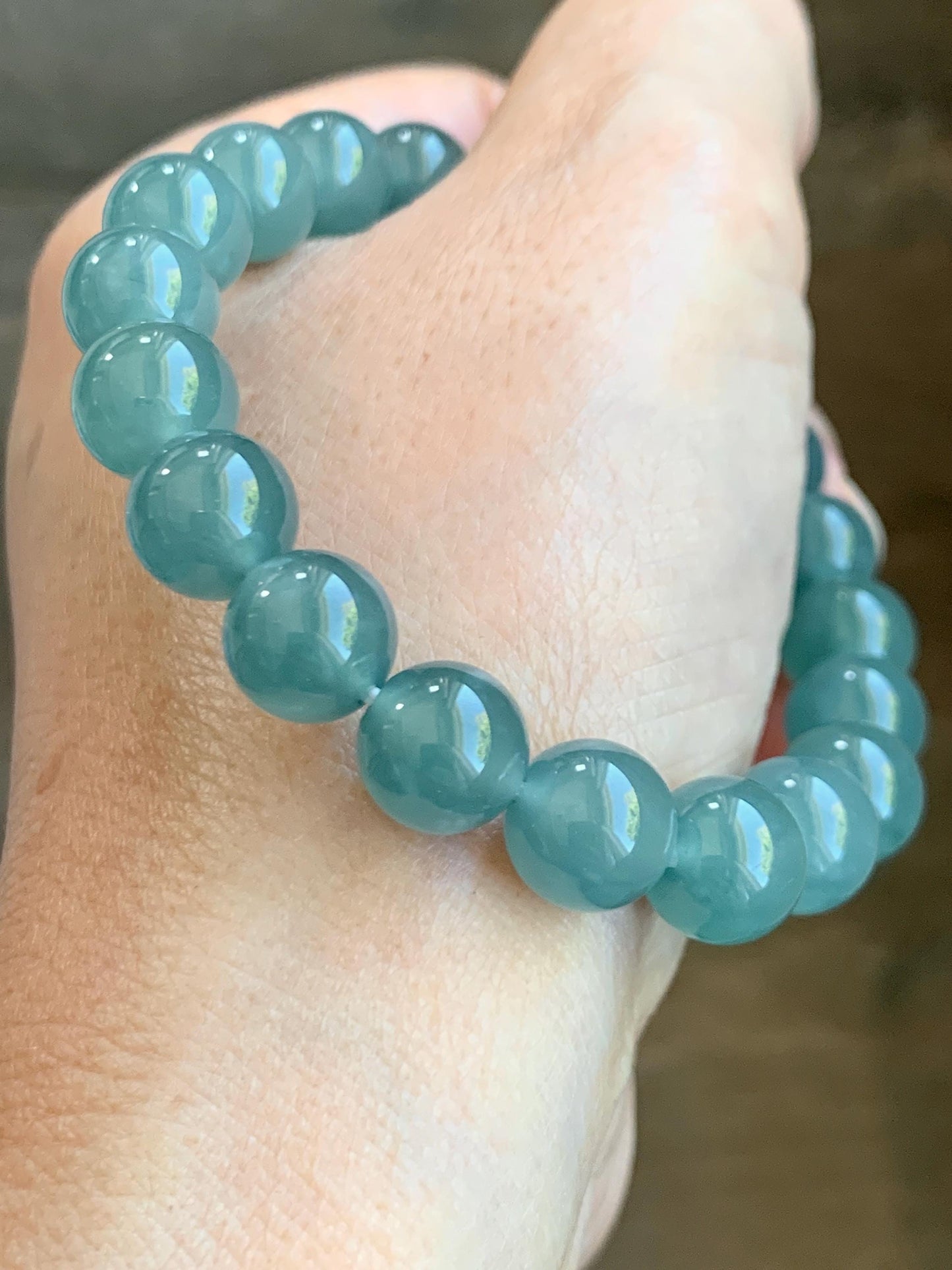 Natural Grade A Guatemalan Icy Translucent Teal Jade Jadeite Beaded Bracelet Stretchy 9.8mm 7.25” 33g 天然冰危蓝绿翡翠圆珠手串 WLL385B