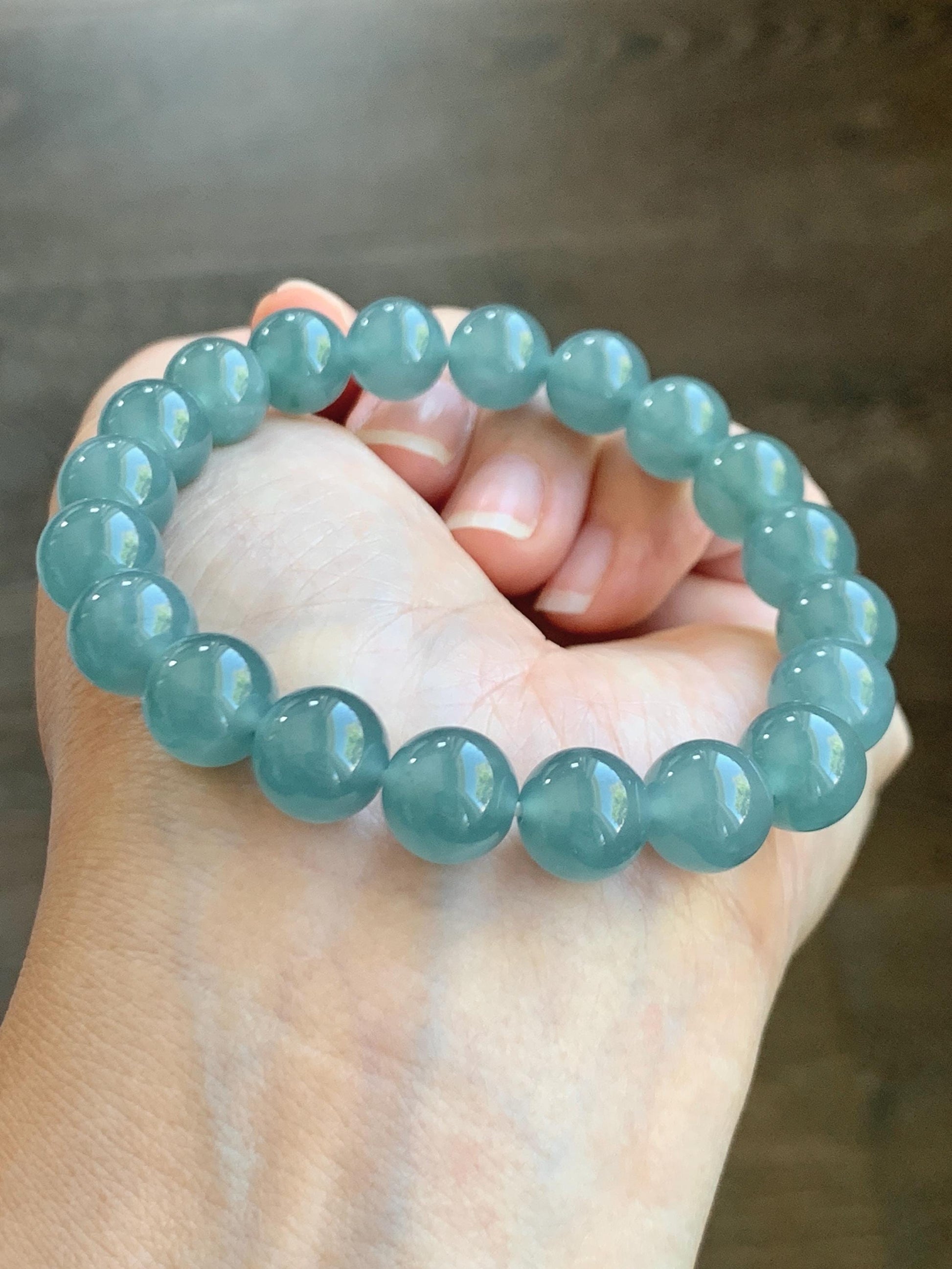 Natural Grade A Guatemalan Icy Translucent Teal Jade Jadeite Beaded Bracelet Stretchy 9.8mm 7.25” 33g 天然冰危蓝绿翡翠圆珠手串 WLL385B