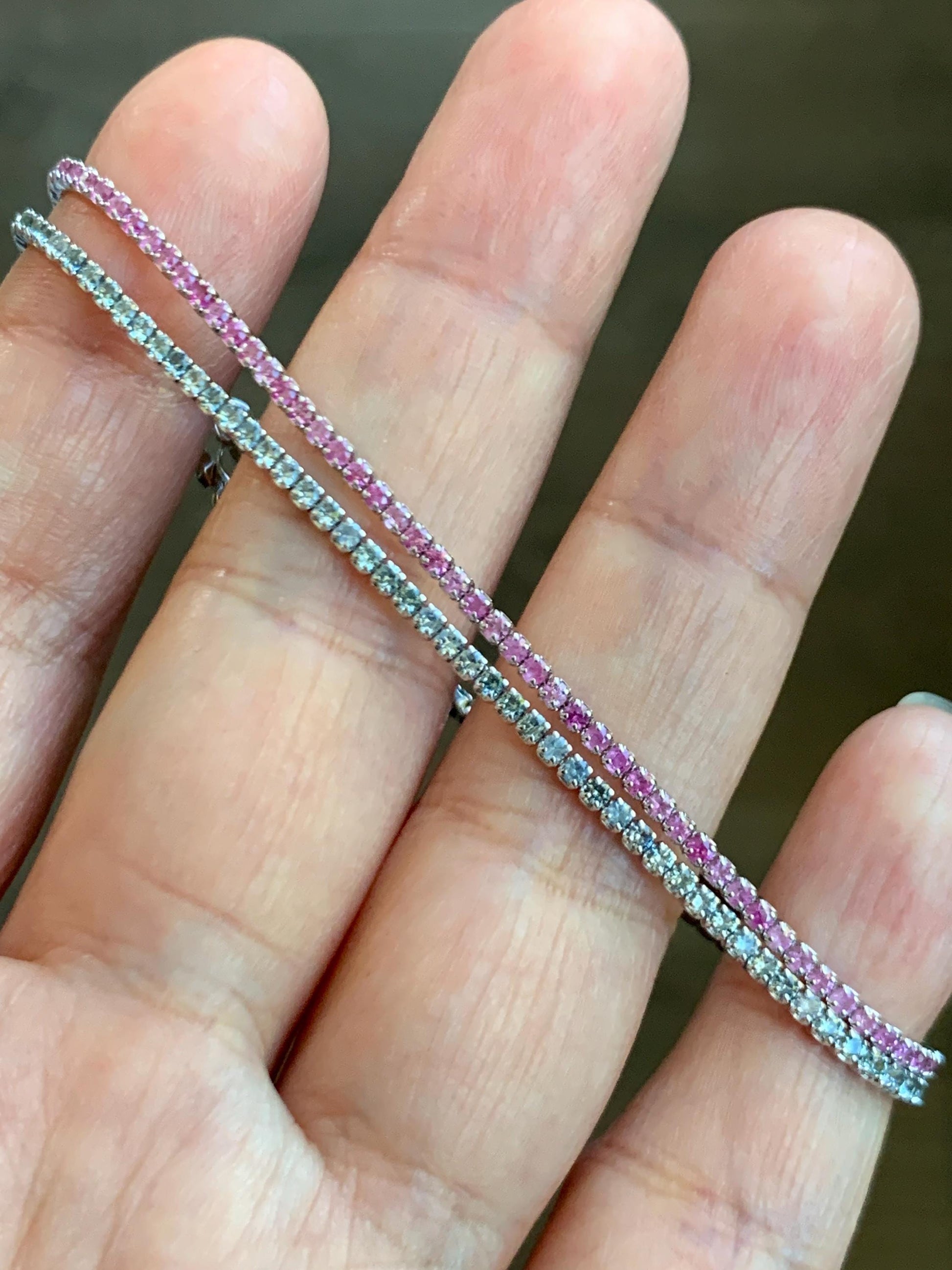 Natural Genuine Untreated Light Pink or Blue Sapphire Petite Dainty Tennis Bracelet Sterling Silver Adjustable 6.75”-8.75” 1.7mm 3g