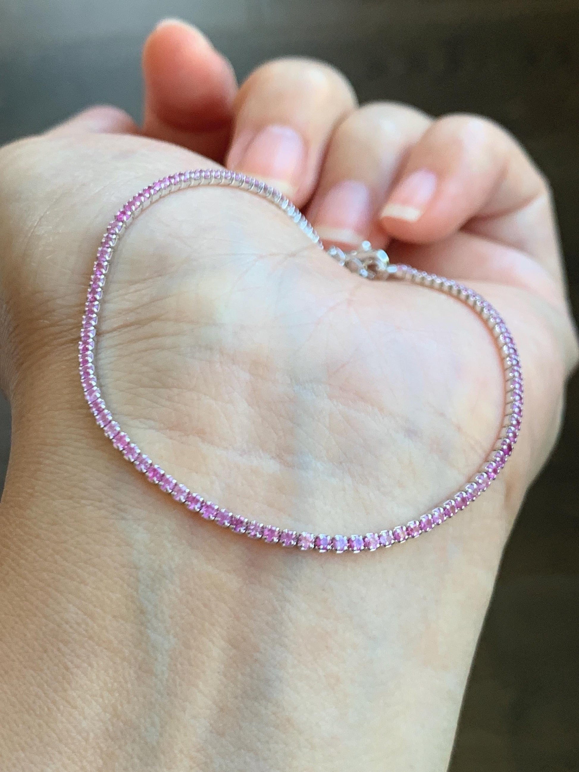 Natural Genuine Untreated Light Pink or Blue Sapphire Petite Dainty Tennis Bracelet Sterling Silver Adjustable 6.75”-8.75” 1.7mm 3g