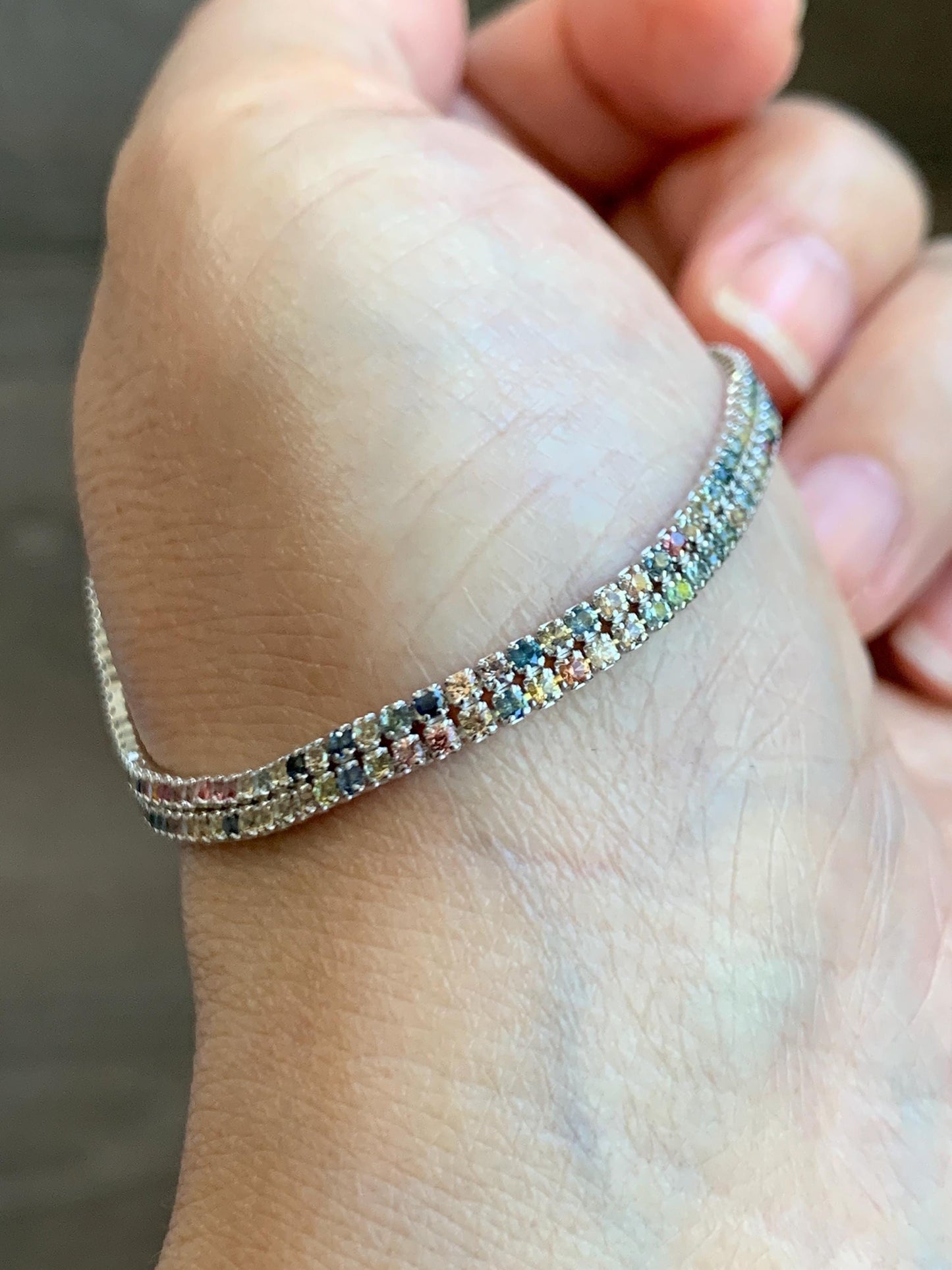 Natural Genuine Untreated Multicolored Rainbow Sapphire Petite Dainty Tennis Bracelet Sterling Silver Adjustable 6.75”-8.75” 4g 361A