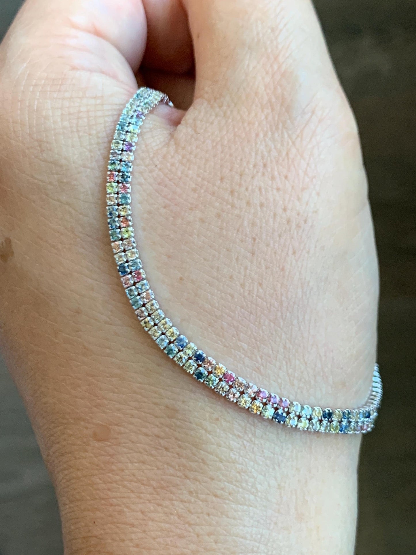 Natural Genuine Untreated Multicolored Rainbow Sapphire Petite Dainty Tennis Bracelet Sterling Silver Adjustable 6.75”-8.75” 4g 361A