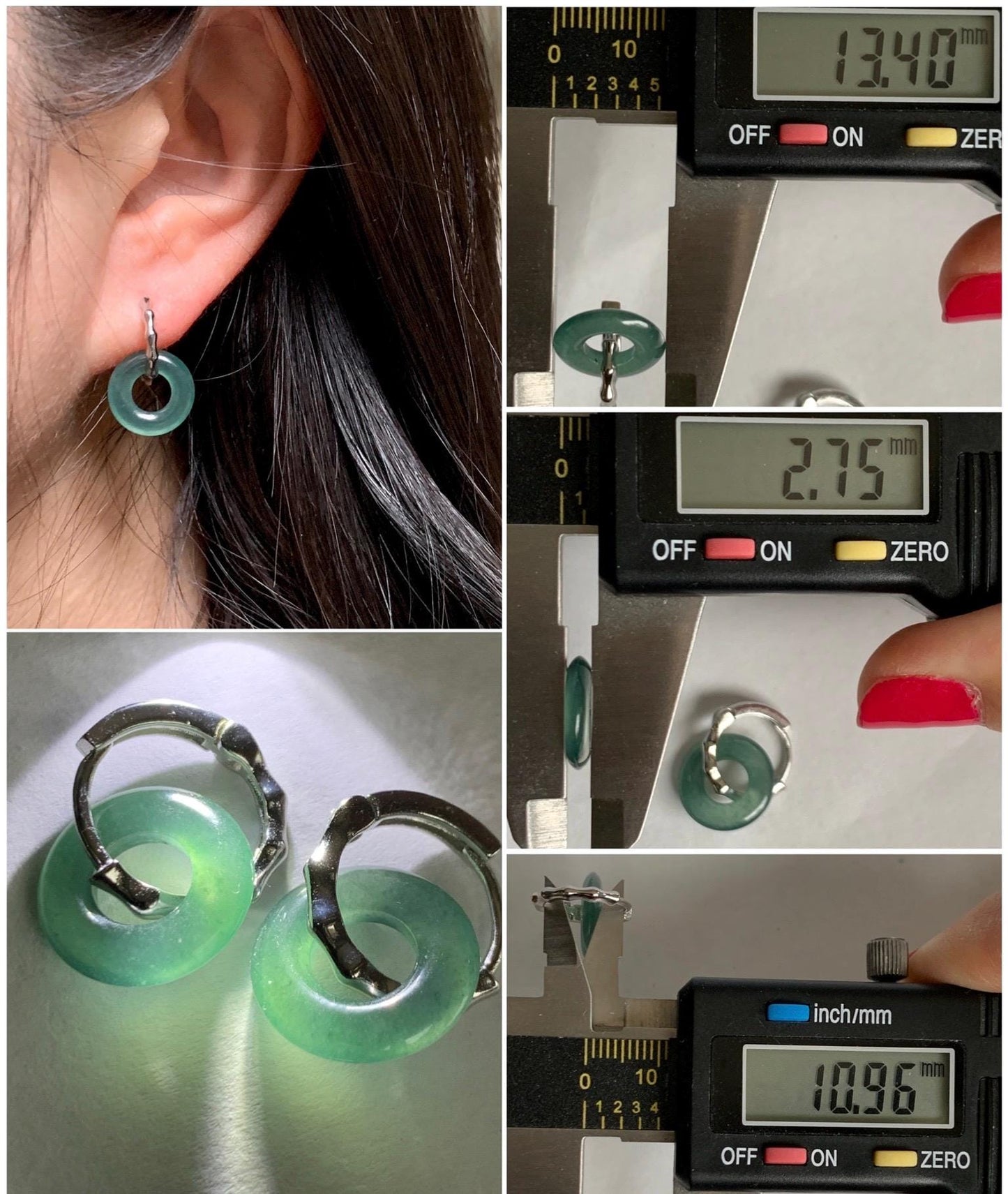 Natural Grade A Guatemalan Icy Translucent Teal Green Jade Jadeite Ping An Kou Donut Bamboo Style Hoop Earrings 天然冰危蓝绿翡翠小平安扣竹节耳包 ZJK150