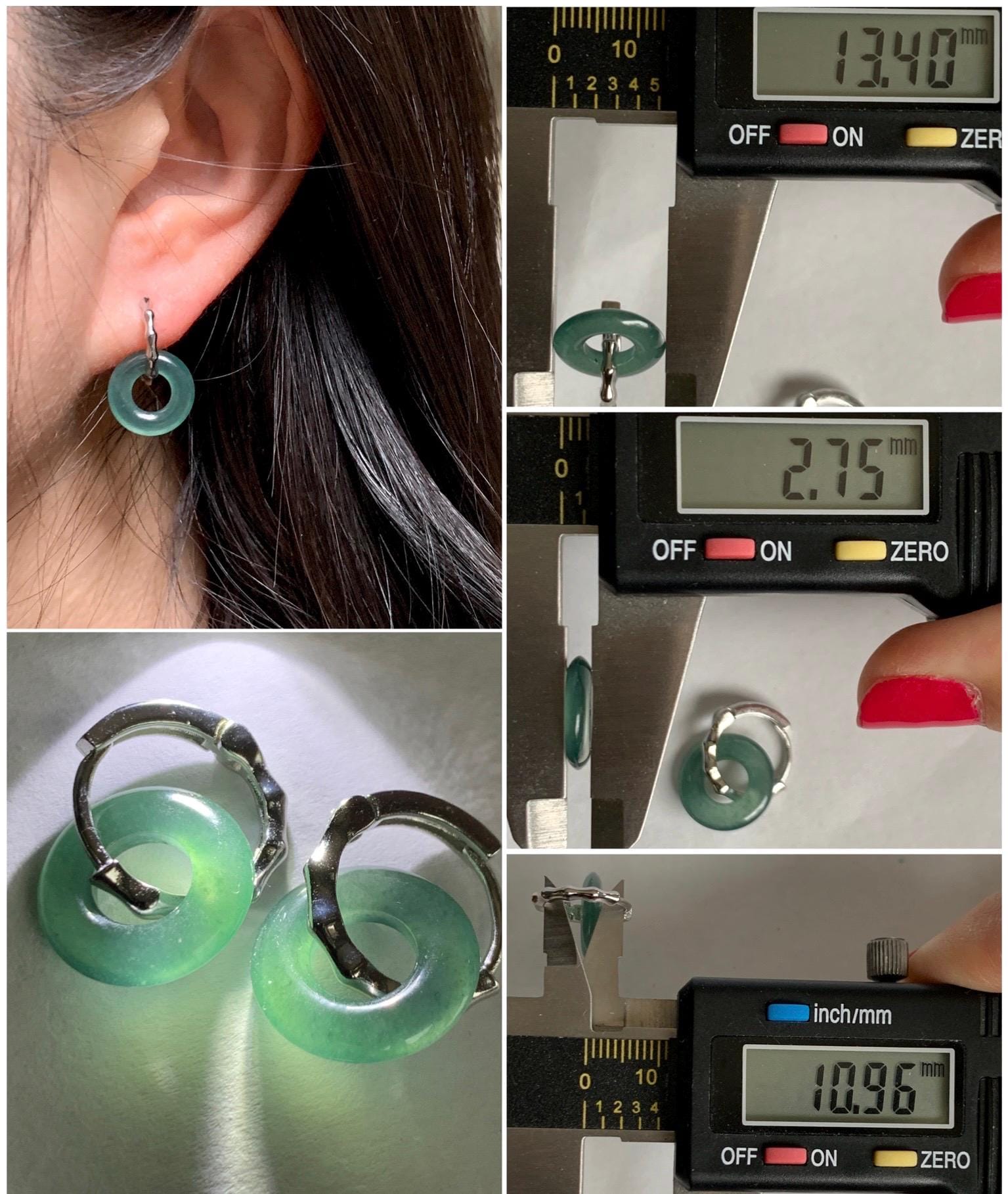 Natural Grade A Guatemalan Icy Translucent Teal Green Jade Jadeite Ping An Kou Donut Bamboo Style Hoop Earrings 天然冰危蓝绿翡翠小平安扣竹节耳包 ZJK150