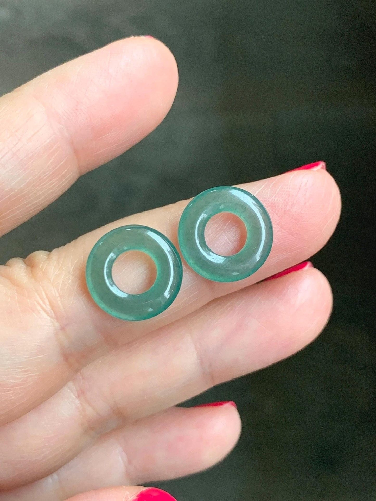 Natural Grade A Guatemalan Icy Translucent Teal Green Jade Jadeite Ping An Kou Donut Bamboo Style Hoop Earrings 天然冰危蓝绿翡翠小平安扣竹节耳包 ZJK150