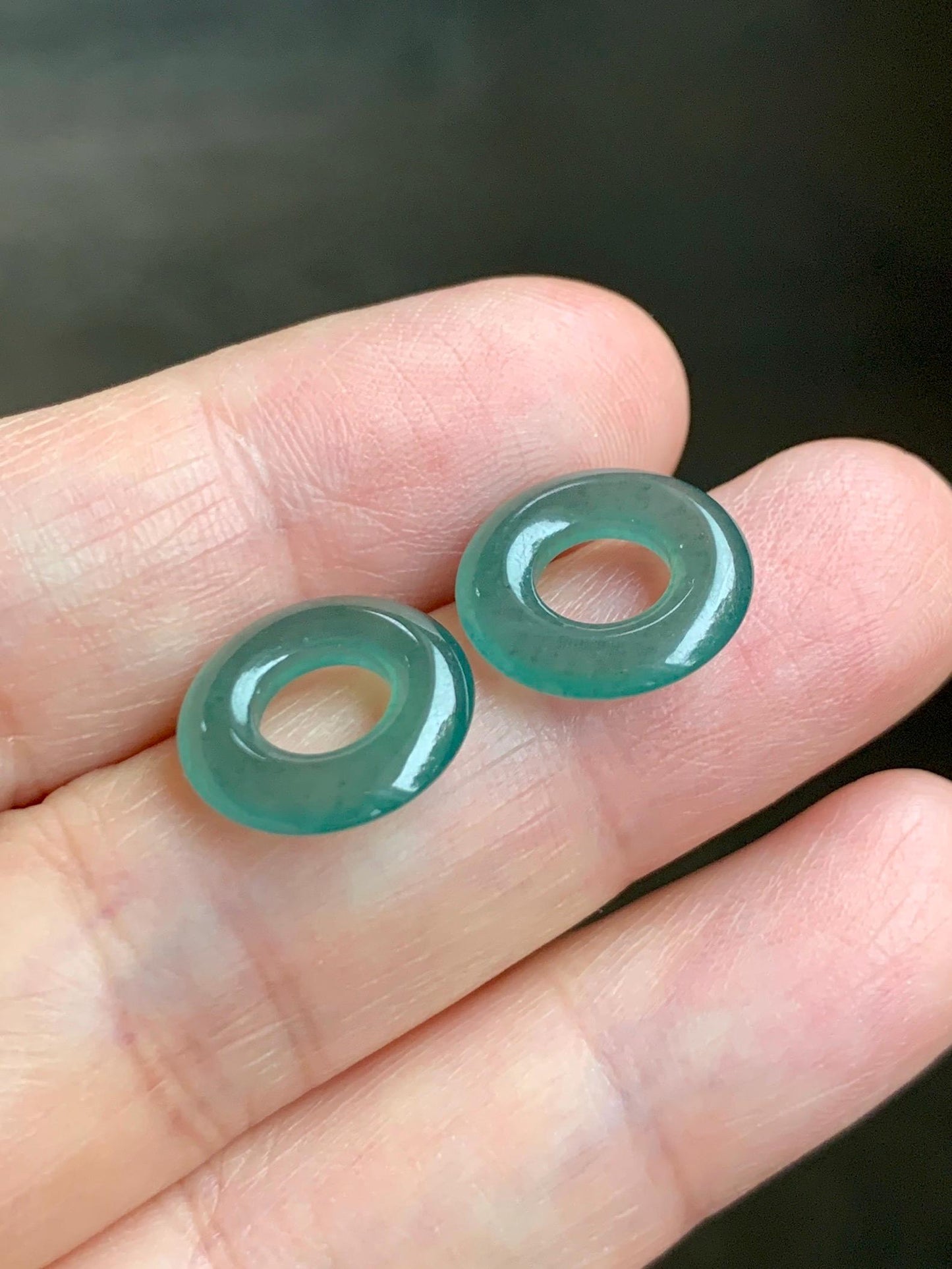 Natural Grade A Guatemalan Icy Translucent Teal Green Jade Jadeite Ping An Kou Donut Bamboo Style Hoop Earrings 天然冰危蓝绿翡翠小平安扣竹节耳包 ZJK150