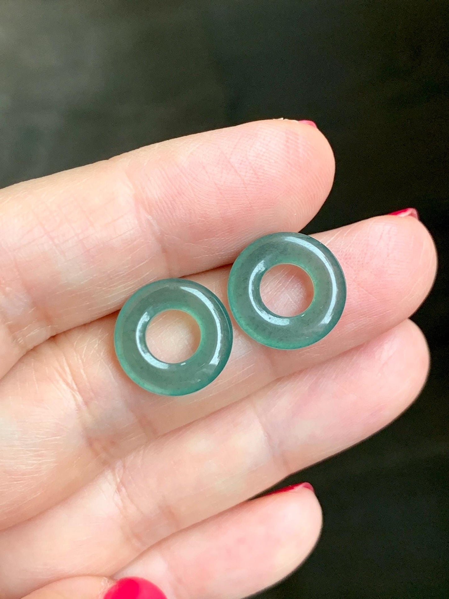 Natural Grade A Guatemalan Icy Translucent Teal Green Jade Jadeite Ping An Kou Donut Bamboo Style Hoop Earrings 天然冰危蓝绿翡翠小平安扣竹节耳包 ZJK150