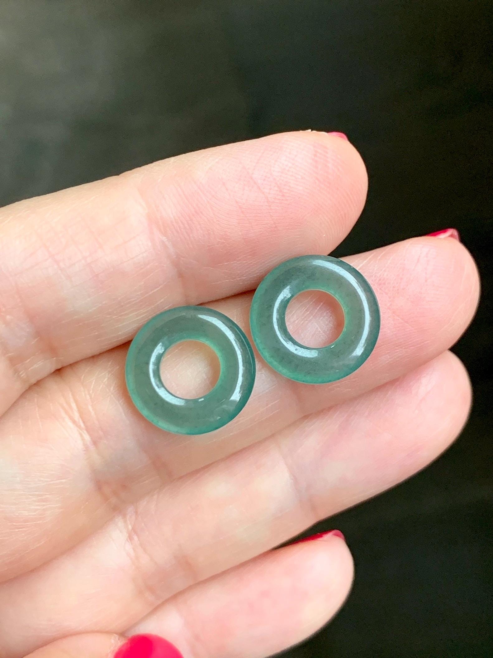 Natural Grade A Guatemalan Icy Translucent Teal Green Jade Jadeite Ping An Kou Donut Bamboo Style Hoop Earrings 天然冰危蓝绿翡翠小平安扣竹节耳包 ZJK150
