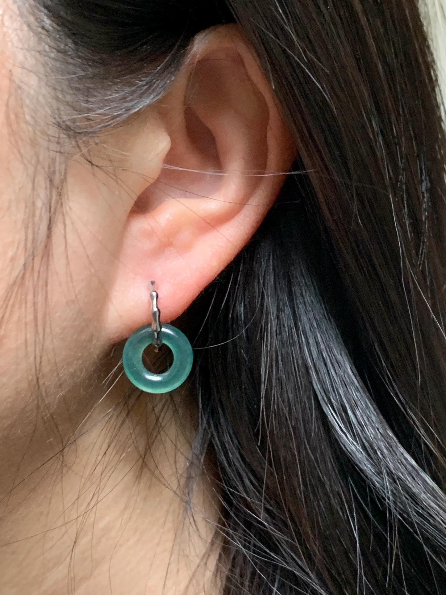 Natural Grade A Guatemalan Icy Translucent Teal Green Jade Jadeite Ping An Kou Donut Bamboo Style Hoop Earrings 天然冰危蓝绿翡翠小平安扣竹节耳包 ZJK150
