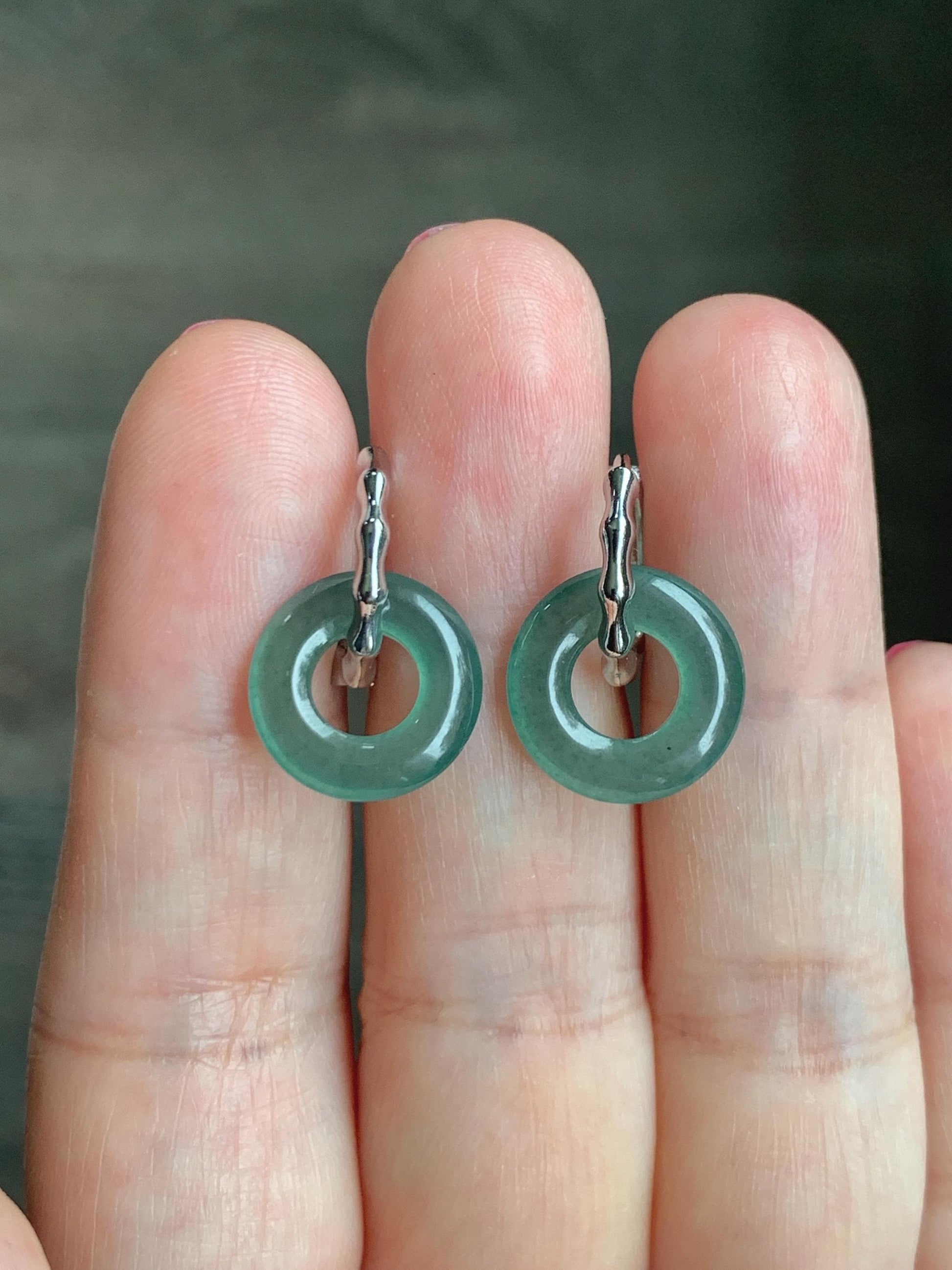 Natural Grade A Guatemalan Icy Translucent Teal Green Jade Jadeite Ping An Kou Donut Bamboo Style Hoop Earrings 天然冰危蓝绿翡翠小平安扣竹节耳包 ZJK150