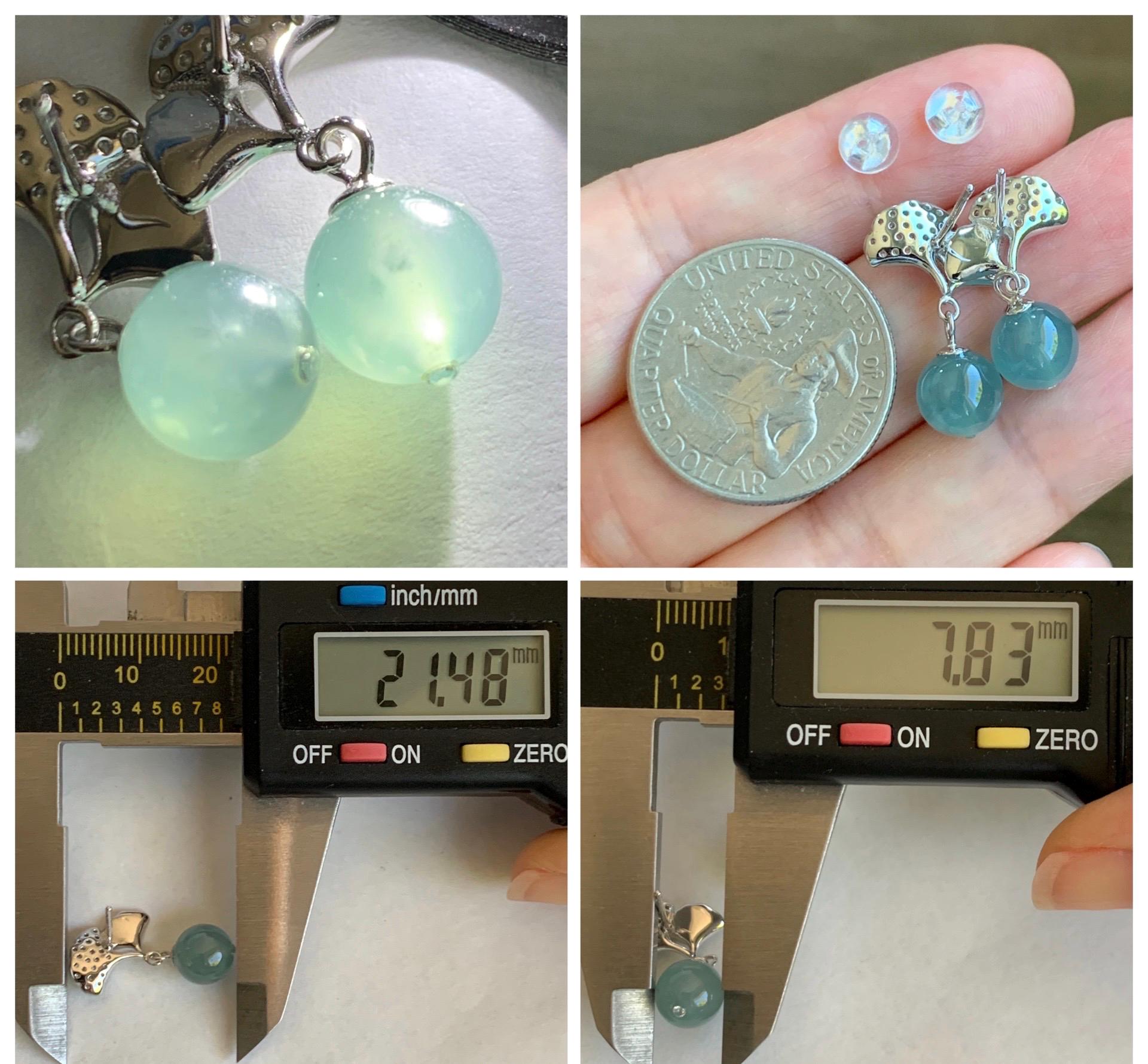 Natural Grade A Guatemalan Icy Highly Translucent Light Teal Blue Jade Jadeite Beads Dangle Earrings Sterling Silver 天然冰危浅蓝翡翠圆珠耳钉 BPS77H