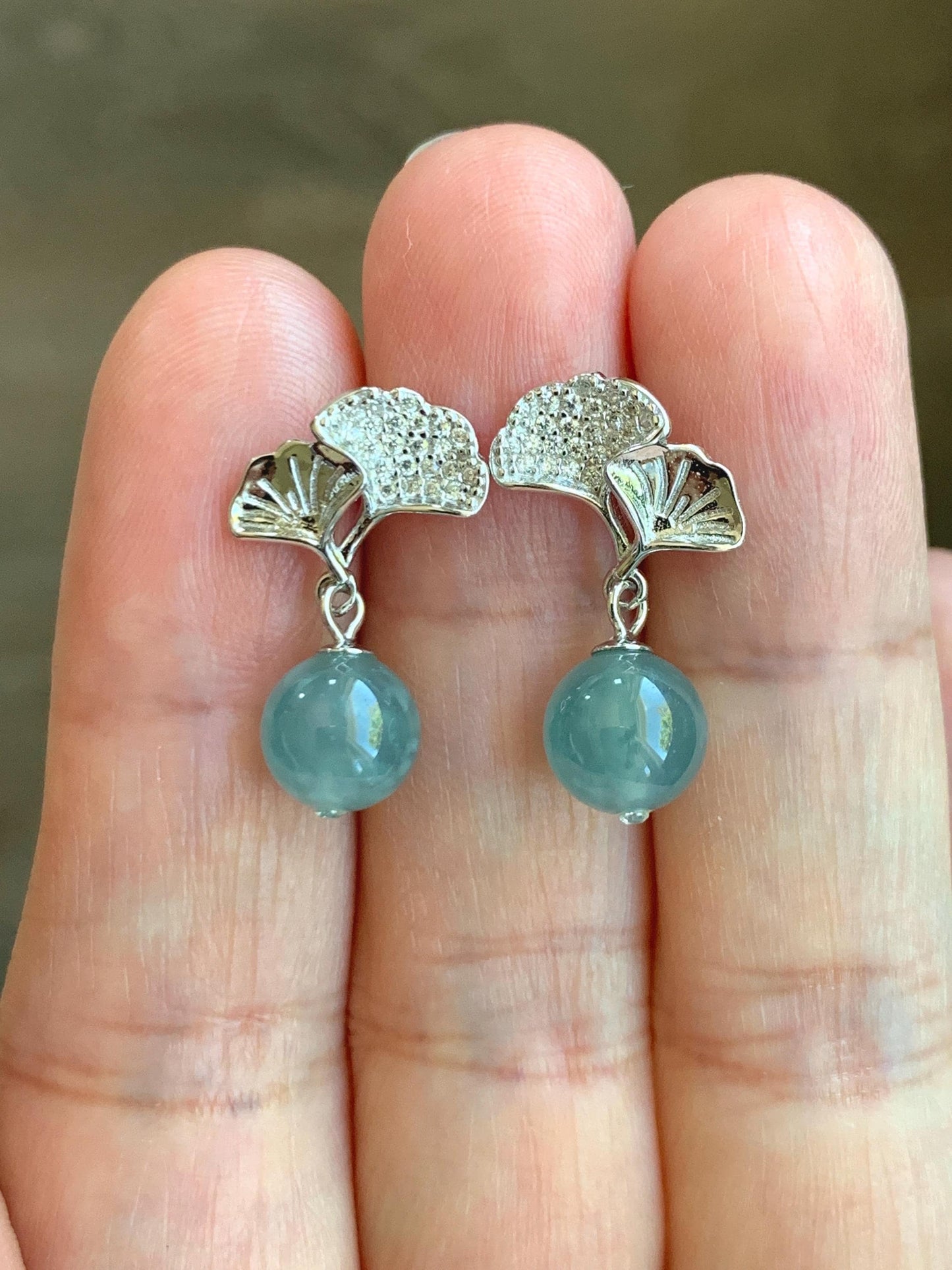 Natural Grade A Guatemalan Icy Highly Translucent Light Teal Blue Jade Jadeite Beads Dangle Earrings Sterling Silver 天然冰危浅蓝翡翠圆珠耳钉 BPS77H