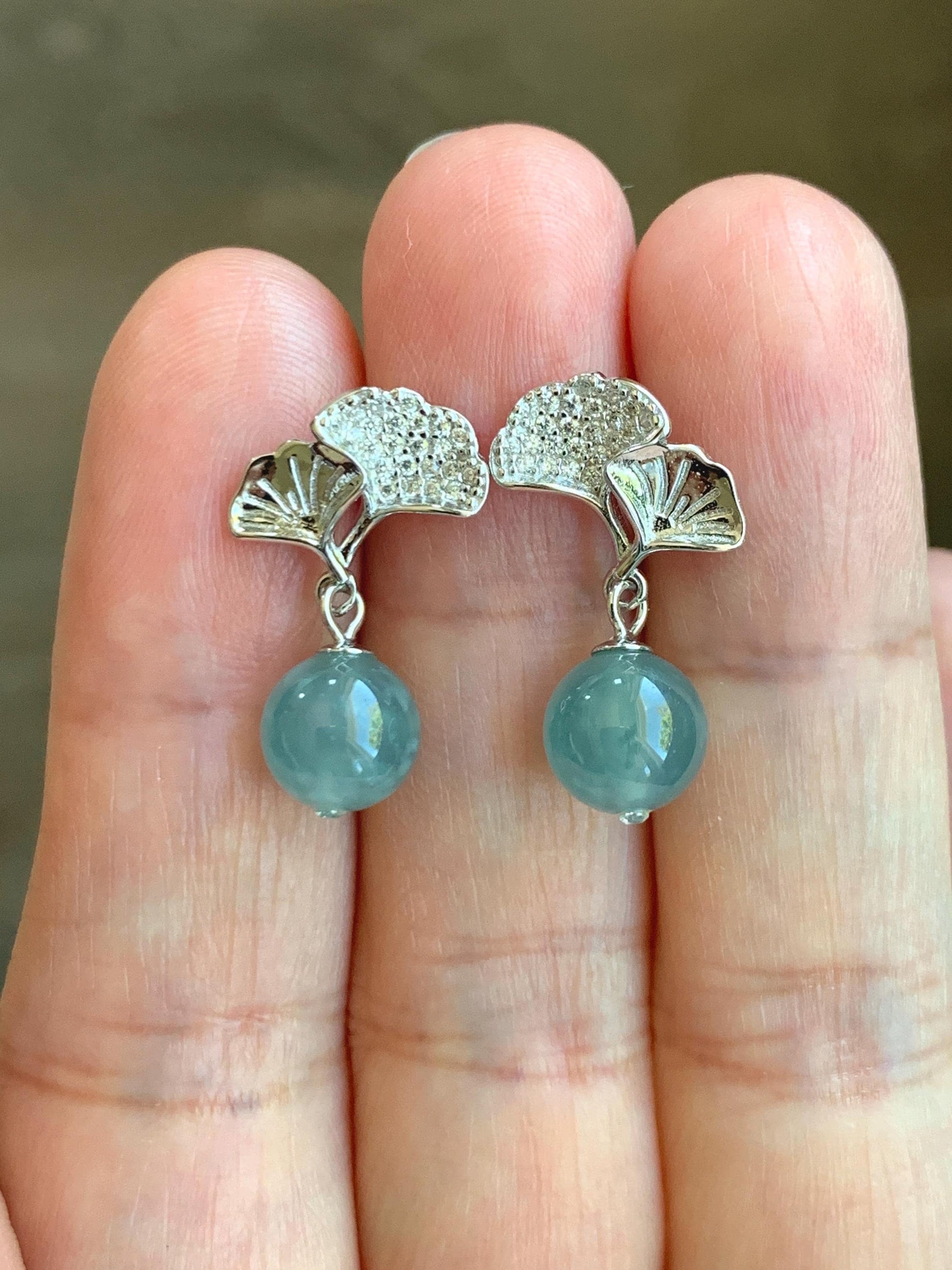 Natural Grade A Guatemalan Icy Highly Translucent Light Teal Blue Jade Jadeite Beads Dangle Earrings Sterling Silver 天然冰危浅蓝翡翠圆珠耳钉 BPS77H