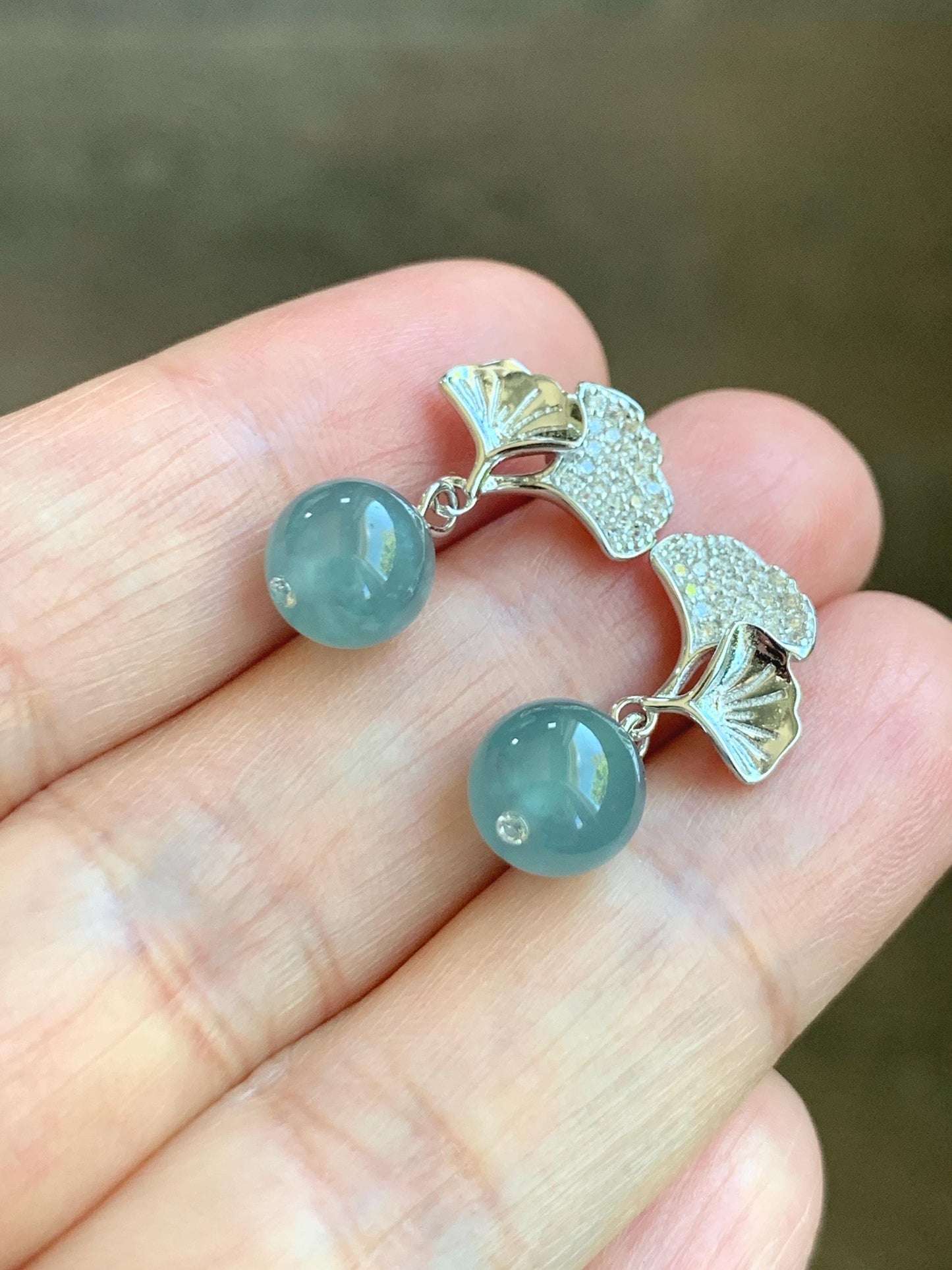 Natural Grade A Guatemalan Icy Highly Translucent Light Teal Blue Jade Jadeite Beads Dangle Earrings Sterling Silver 天然冰危浅蓝翡翠圆珠耳钉 BPS77H
